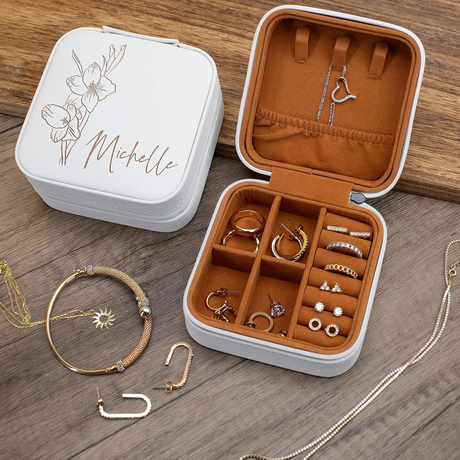Custom Leather Customized Jewelry Organizer Box w/Name & Birth Flower Month - Birthday Gifts for Women, Mom Personalized Jewelry Travel Case - Beige