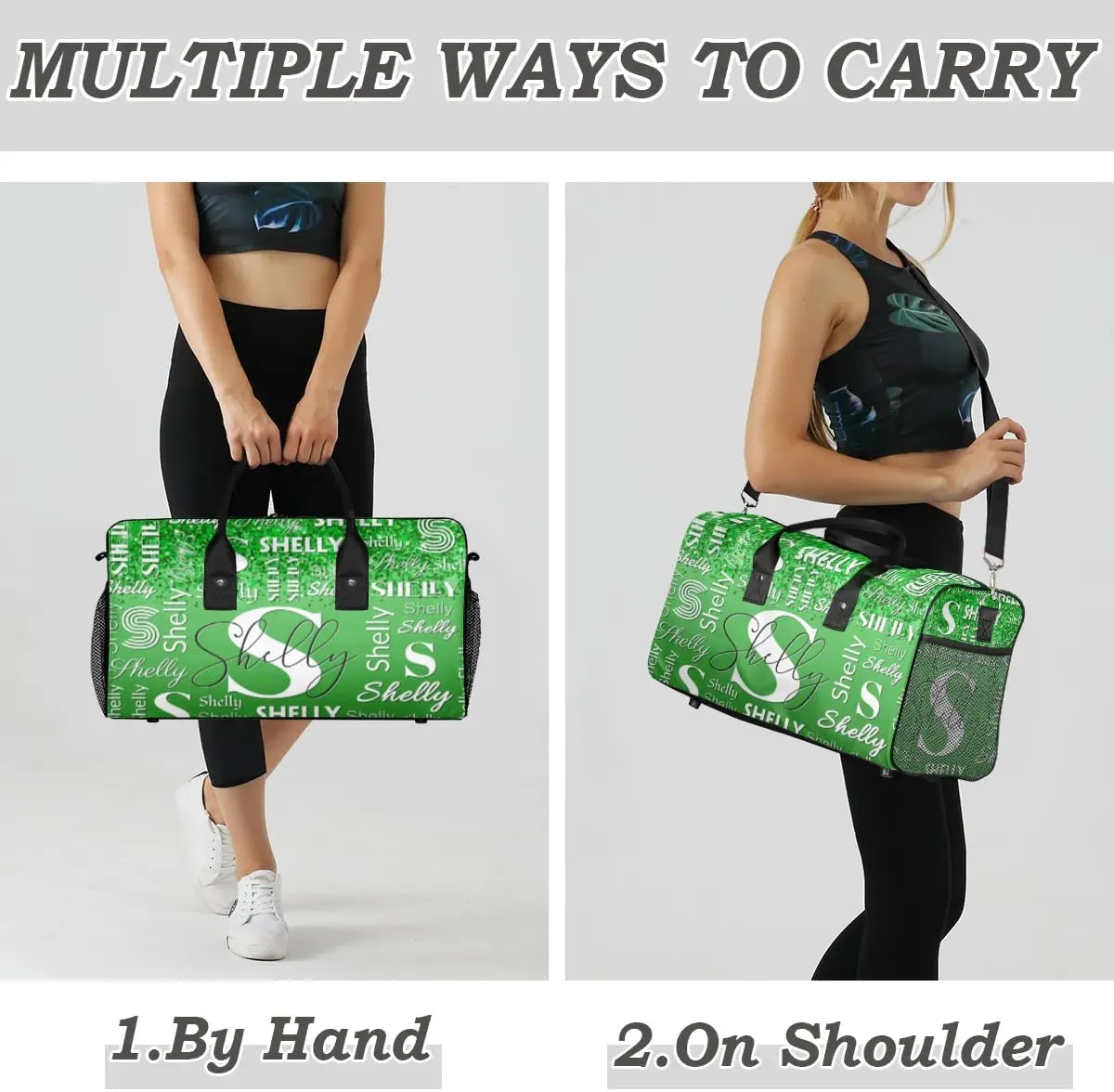 Custom Travel Duffle Bag for Men Women Personalized Waterproof Overnight Weekender Bag Foldable Travel Bag Large Sports Gym Bag Luggage Tote Bag, Dark Green Glitter