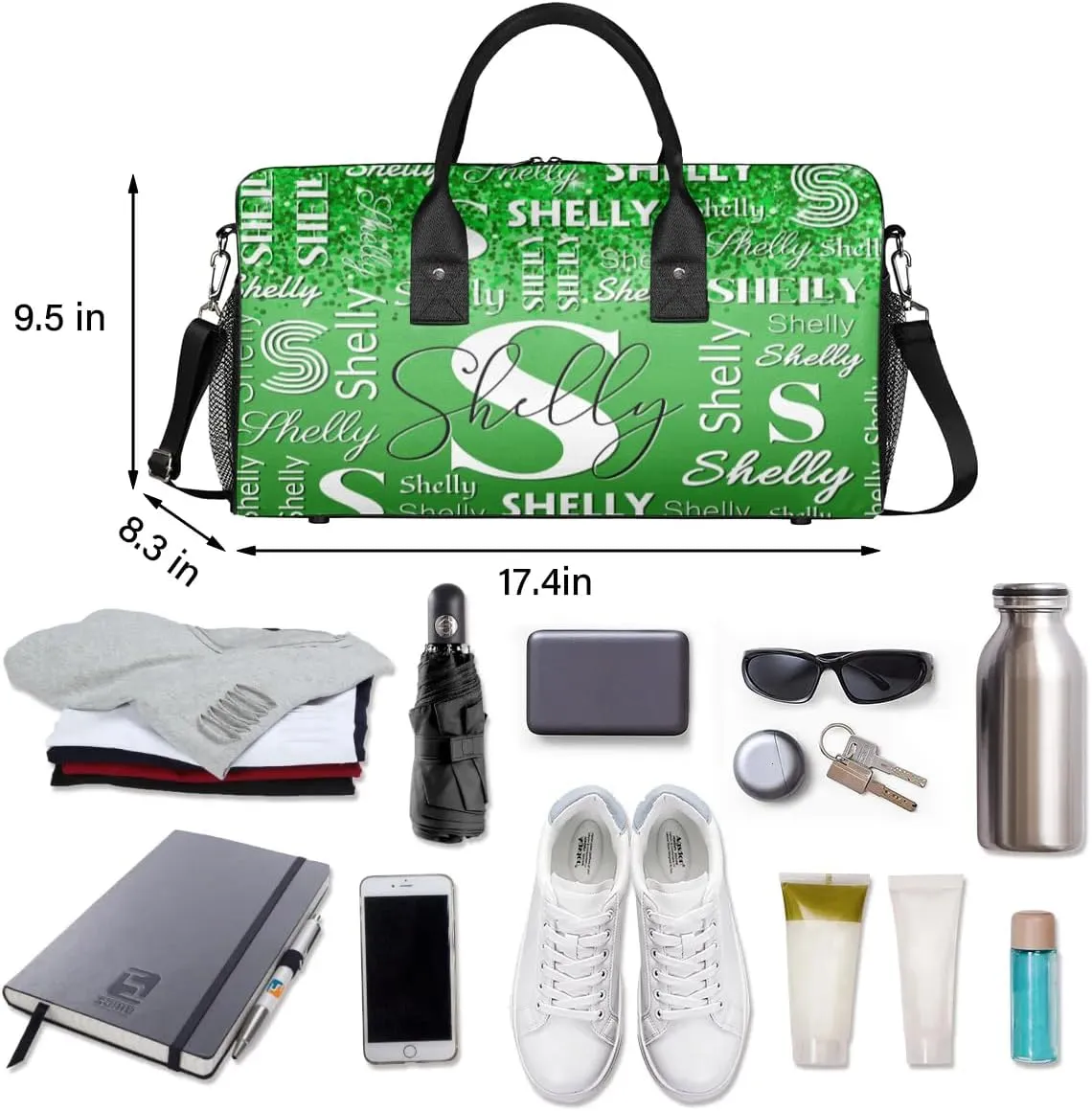 Custom Travel Duffle Bag for Men Women Personalized Waterproof Overnight Weekender Bag Foldable Travel Bag Large Sports Gym Bag Luggage Tote Bag, Dark Green Glitter