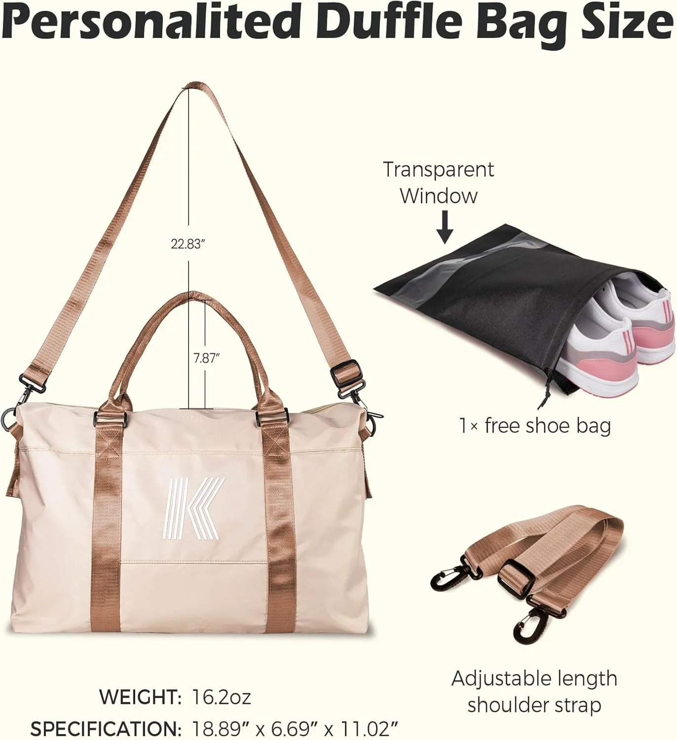 Customized Gifts for Women, Gifts for Mom, Initial Travel Duffel Bag, Gym Bag, Personalized Weekender Bag, Monogram Overnight Bag, Niece Gifts Grad Gifts for Her (Letter F)