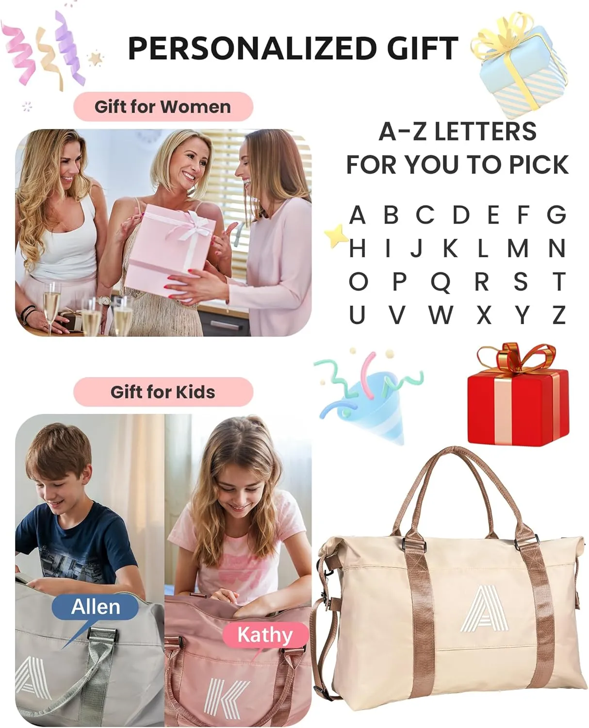 Customized Gifts for Women, Gifts for Mom, Initial Travel Duffel Bag, Gym Bag, Personalized Weekender Bag, Monogram Overnight Bag, Niece Gifts Grad Gifts for Her (Letter F)