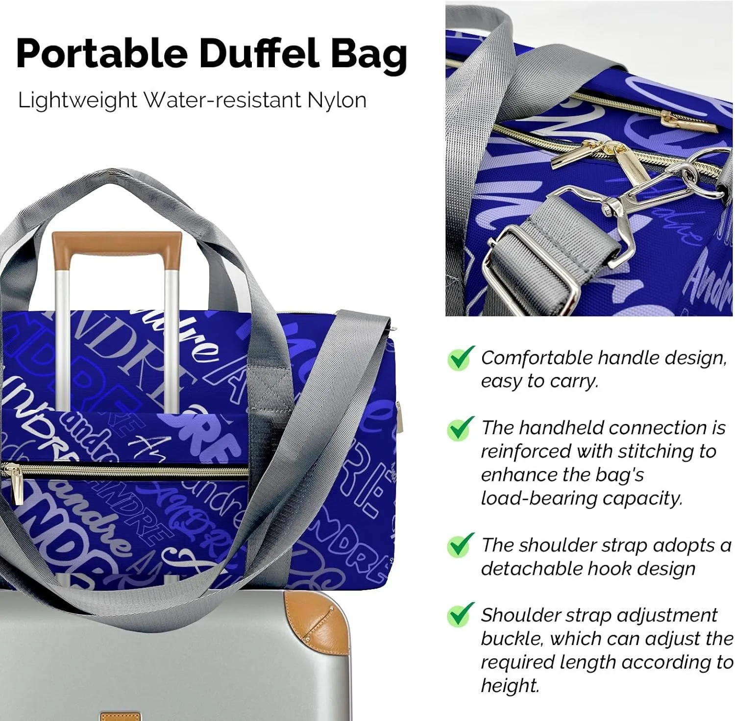 Customized Travel Duffel Bag with Name Dark Blue Personalized Sports Gym Bag Waterproof Weekend Luggage Bag