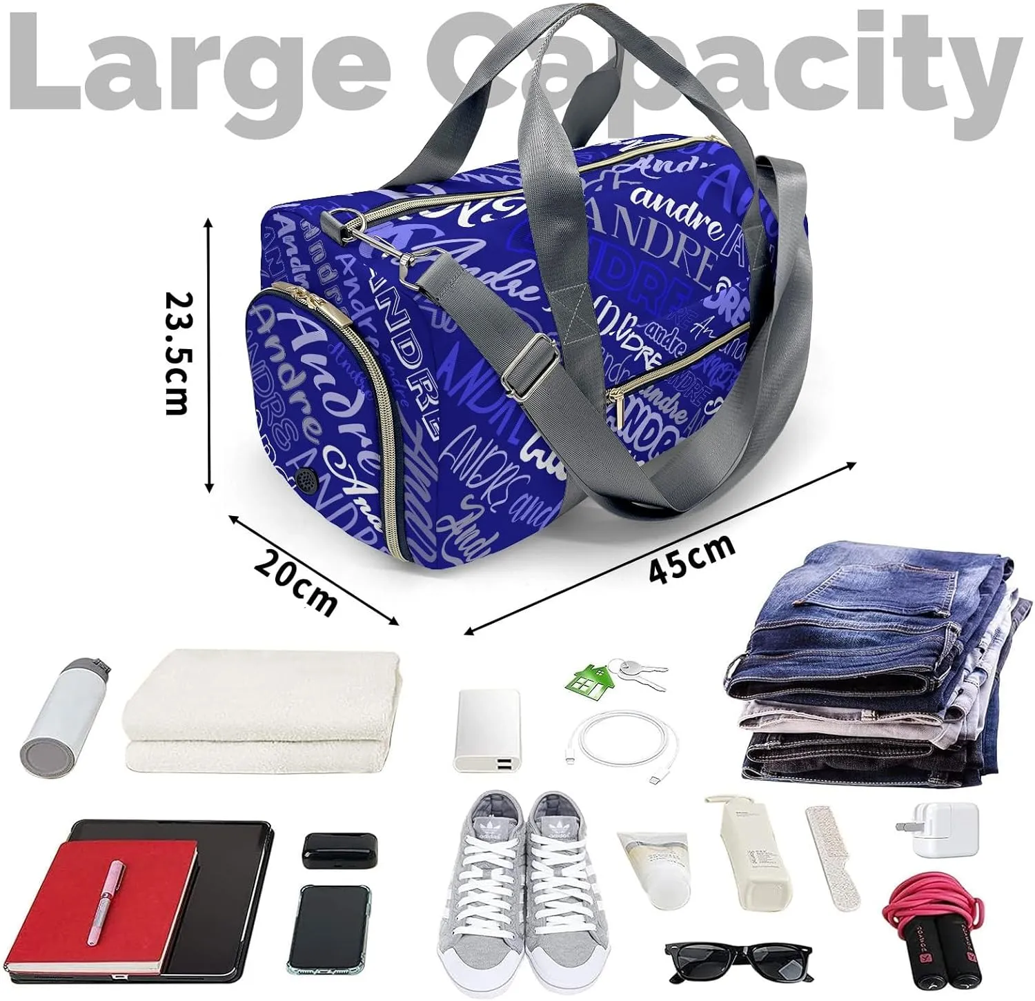 Customized Travel Duffel Bag with Name Dark Blue Personalized Sports Gym Bag Waterproof Weekend Luggage Bag