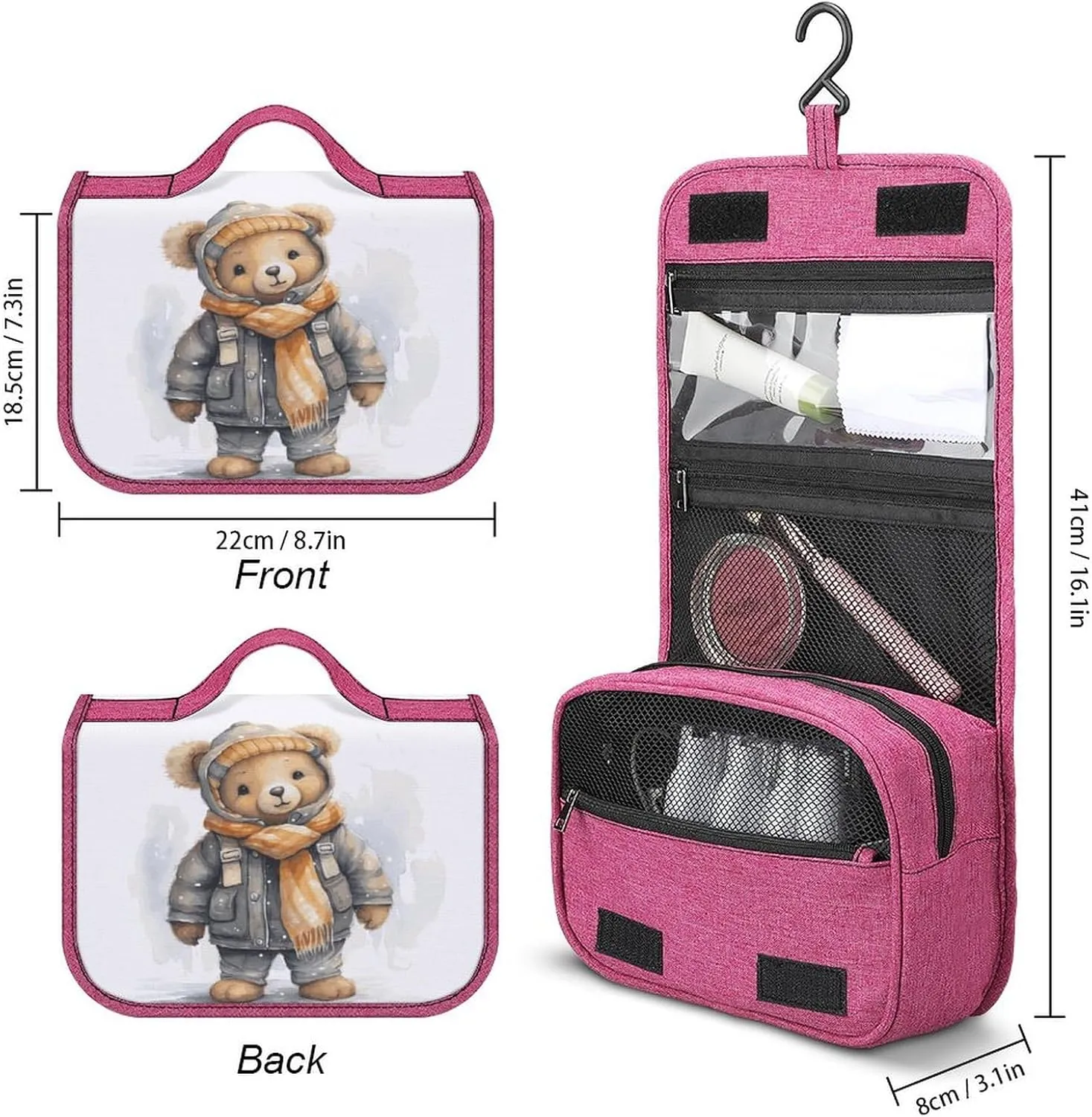 Cute Bear Travel Toiletry Bag for Women,Hanging Toiletry Organizer with Hook, Makeup Bag Travel Organizer for Shampoo,Toiletriesl