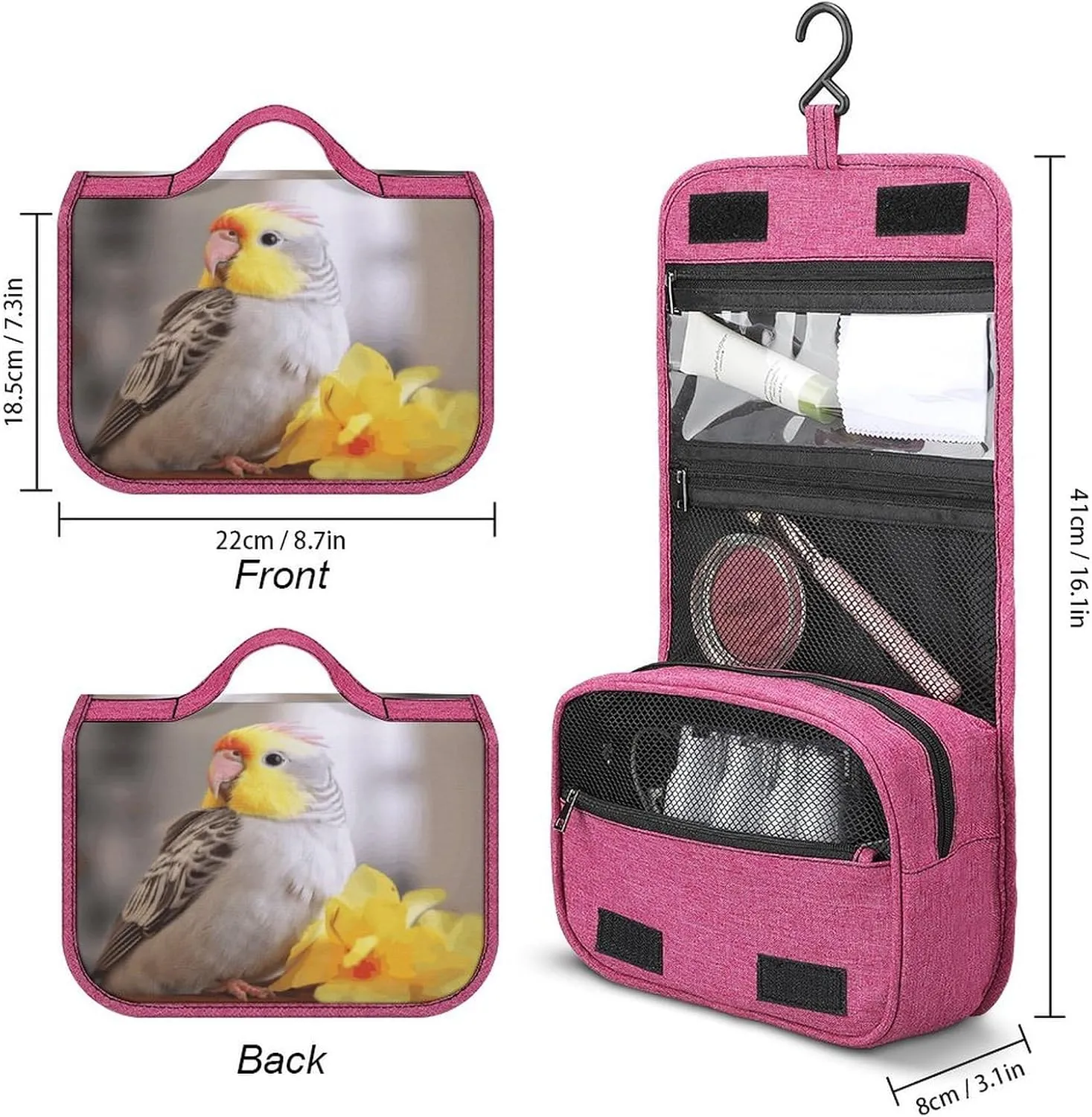 Cute Cockatiel Travel Toiletry Bag for Women,Hanging Toiletry Organizer with Hook, Makeup Bag Travel Organizer for Shampoo,Toiletriesl