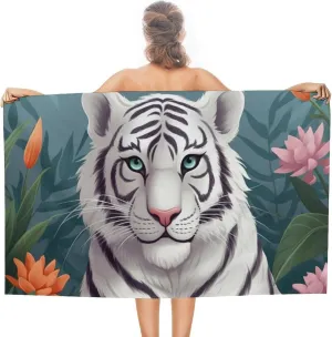 Cute White Tiger Beach Towel Oversized Beach Blanket Waterproof Sandproof Pool Towels 31x51 Inches Quick Drying Outdoor Travel Towel Summer Essentials for Travel, Camping, Hiking