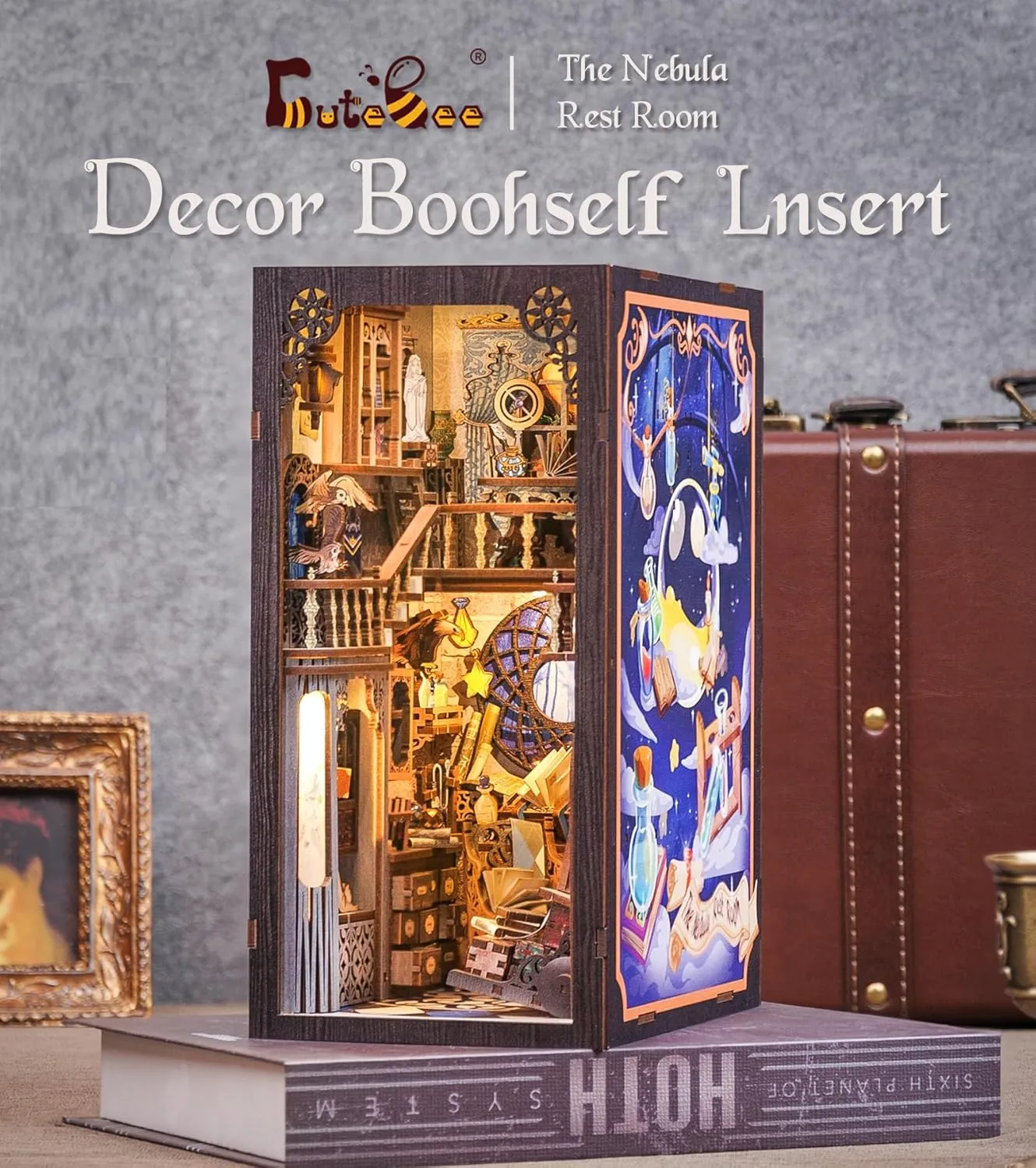CUTEBEE Book Nook Kit, DIY Dollhouse Miniature House Booknook for Adults and Teens, Bookshelf Insert Decor, Bookends Model Build-Creativity Gift Kit for Friends and Family (Nebula Common Room)