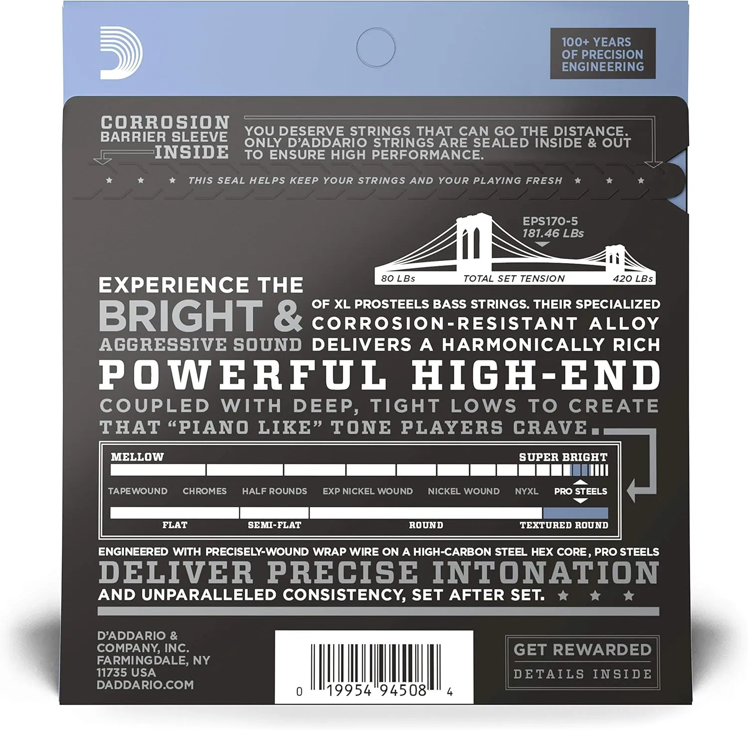 D'Addario Bass Guitar Strings, XL Pro Steels, EPS170-5, Long Scale, Regular Light Gauge 45-130, 5-String Set, Pack of 1