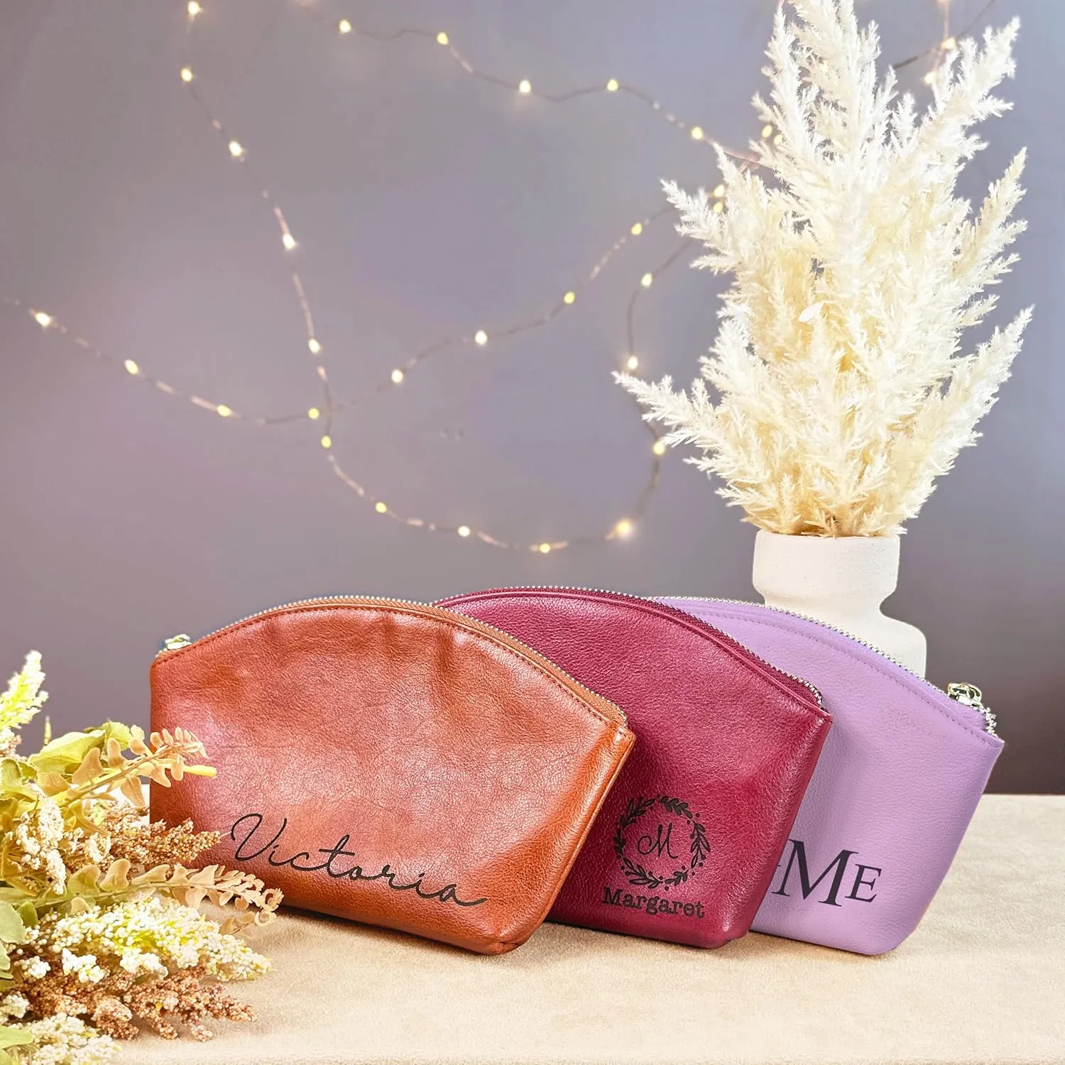 Danique Personalized Women's Cosmetic Bag • Small Leather Makeup Bag for Purse • Monogrammed Vanity Pouch with Zipper • Pink, Purple, Blue, White, Brown • Small 100% Genuine Leather Case • Made in USA