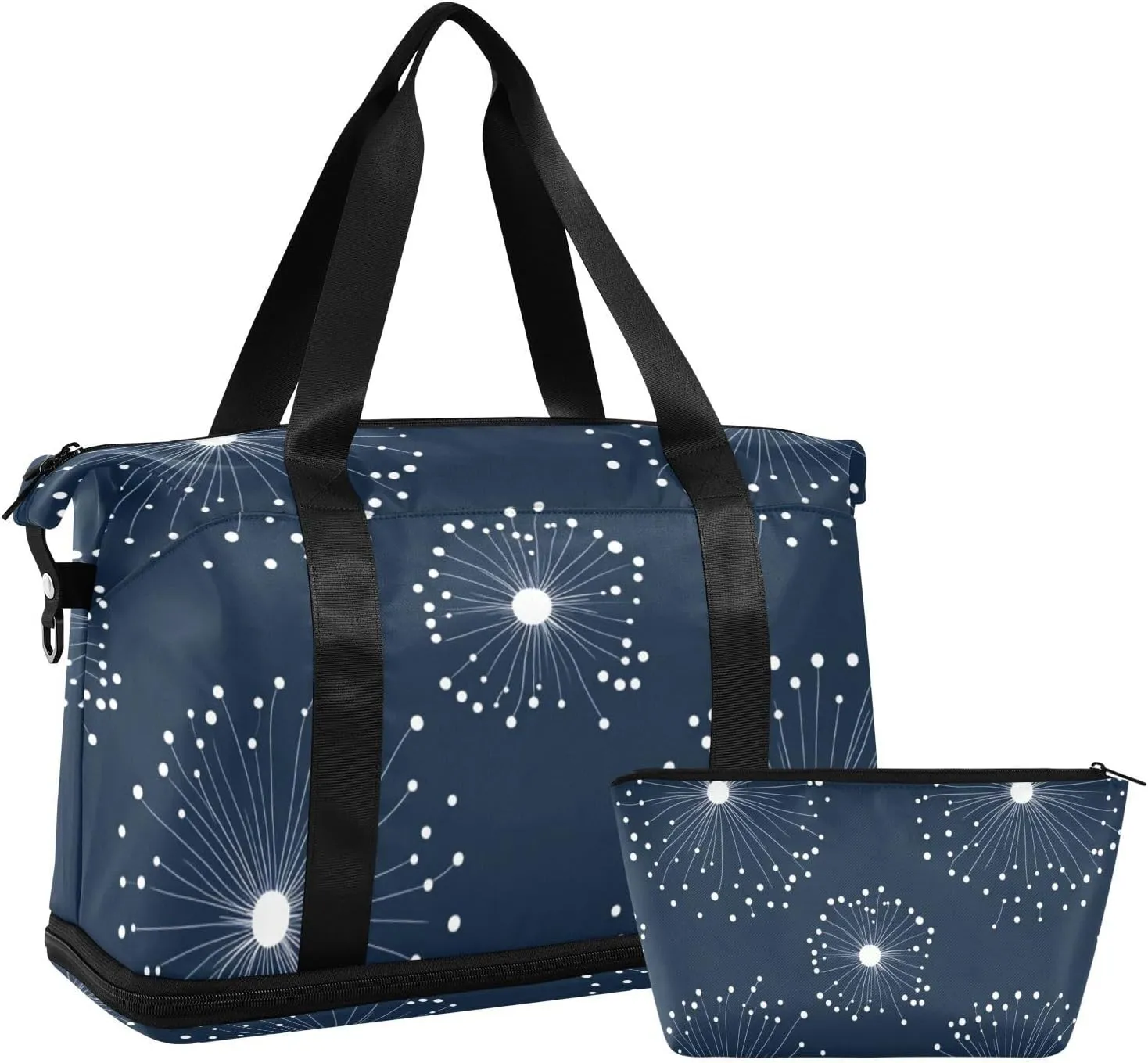 Dark Blue Circle FLOWER and whites Duffel Bag Sport Training Bag with Toiletry Bag for Business Trips Waterproof