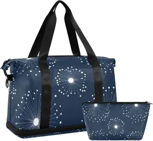 Dark Blue Circle FLOWER and whites Duffel Bag Sport Training Bag with Toiletry Bag for Business Trips Waterproof