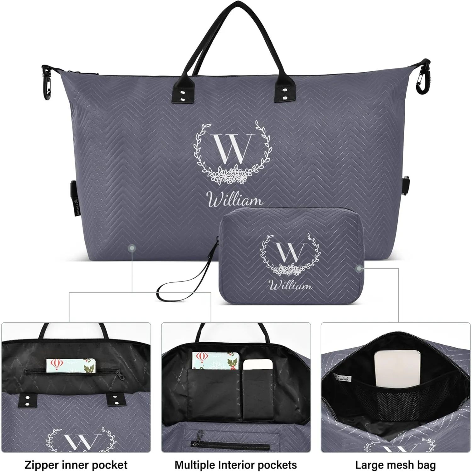 Dark Blue Custom Travel Duffel Bag with Toiletry Bag Personalized Weekender Bag for Travel Business Sports Large Overnight Bag Gym Duffel Bag for Women & Men