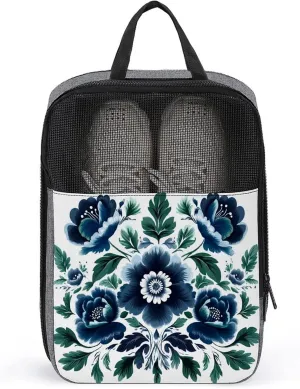 Dark Blue Flowers Foliage Shoe Bag for Travel Daily Use Anti-dust Storage Carrier Golf Shoe Pouch