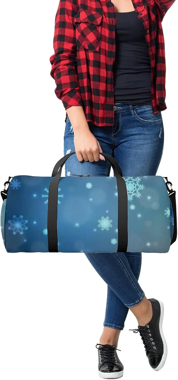 Dark Blue Vector Background Xmas Snowflakes Sports Bag Tote Bag Waterproof Gym Bag with Shoulder Strap Zipper 2 Side Pockets for Men and Women, Travel and Storage Shoulder Bag.
