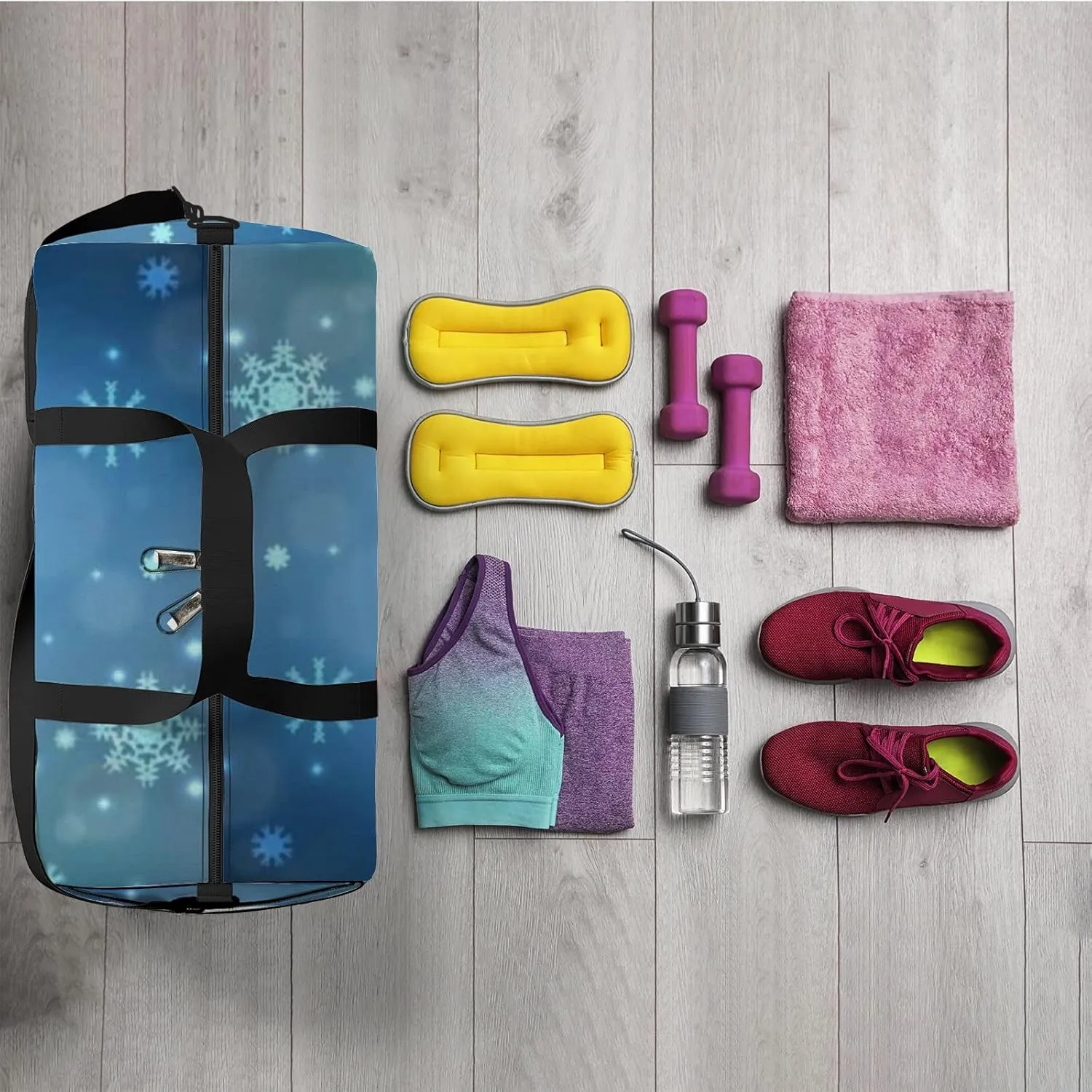 Dark Blue Vector Background Xmas Snowflakes Sports Bag Tote Bag Waterproof Gym Bag with Shoulder Strap Zipper 2 Side Pockets for Men and Women, Travel and Storage Shoulder Bag.