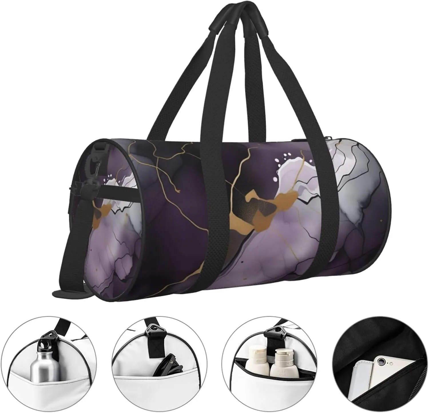 Dark purple texture marble Printed Travel Bag,Round Personal Item Storage bag,Foldie Duffel Bag for Traveling Vacation,Fitness,Sports