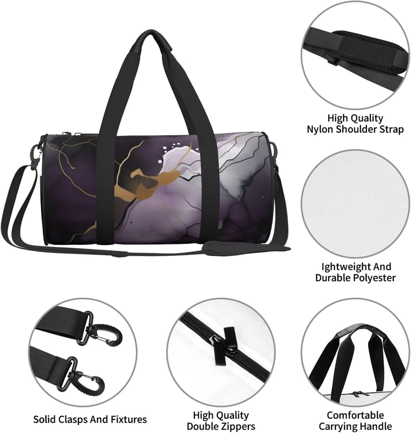 Dark purple texture marble Printed Travel Bag,Round Personal Item Storage bag,Foldie Duffel Bag for Traveling Vacation,Fitness,Sports
