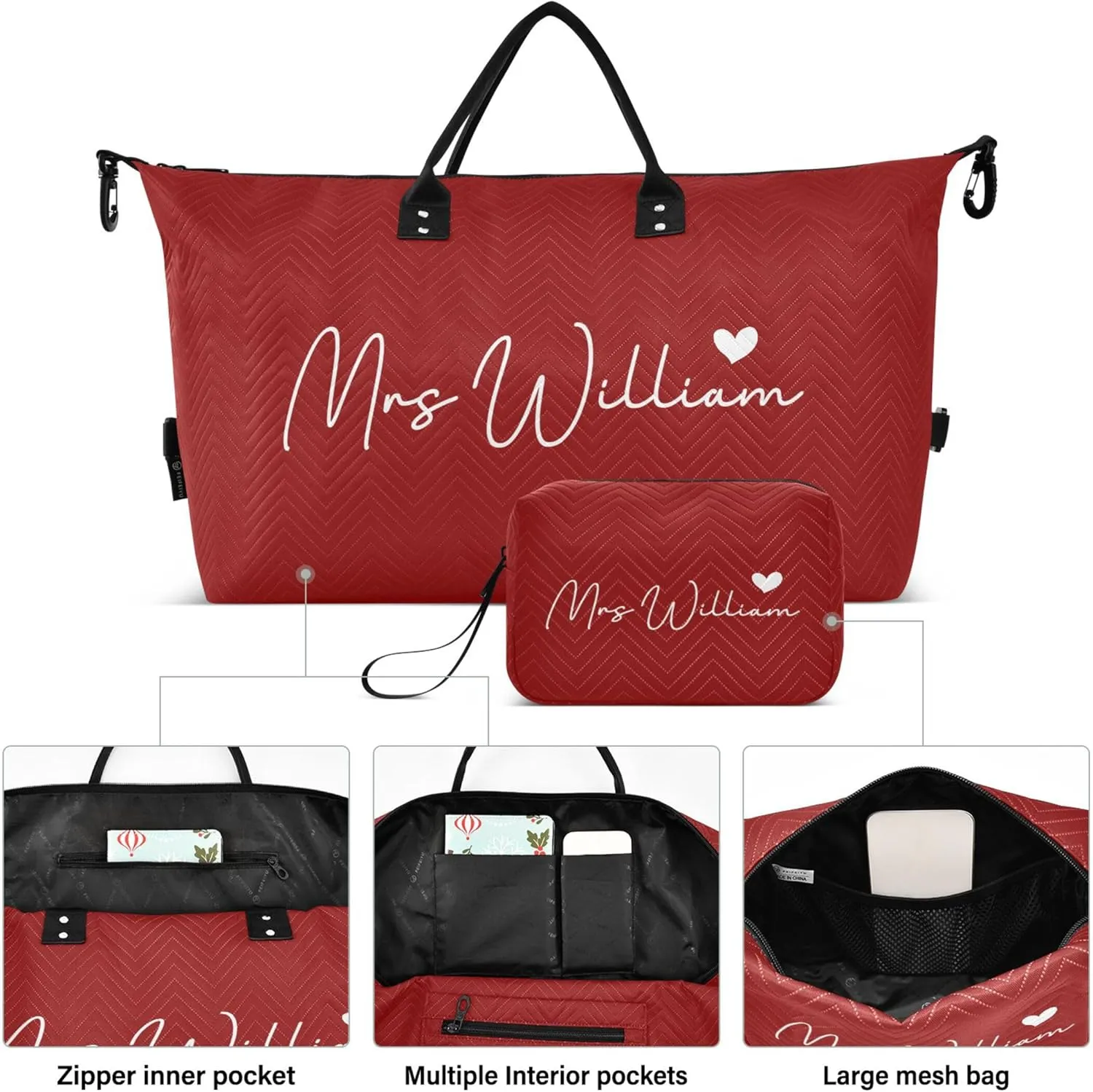 Dark Red Custom Travel Duffel Bag with Toiletry Bag Personalized Weekender Bag for Trips Sports Business Large Overnight Carry On Bag for Women & Men