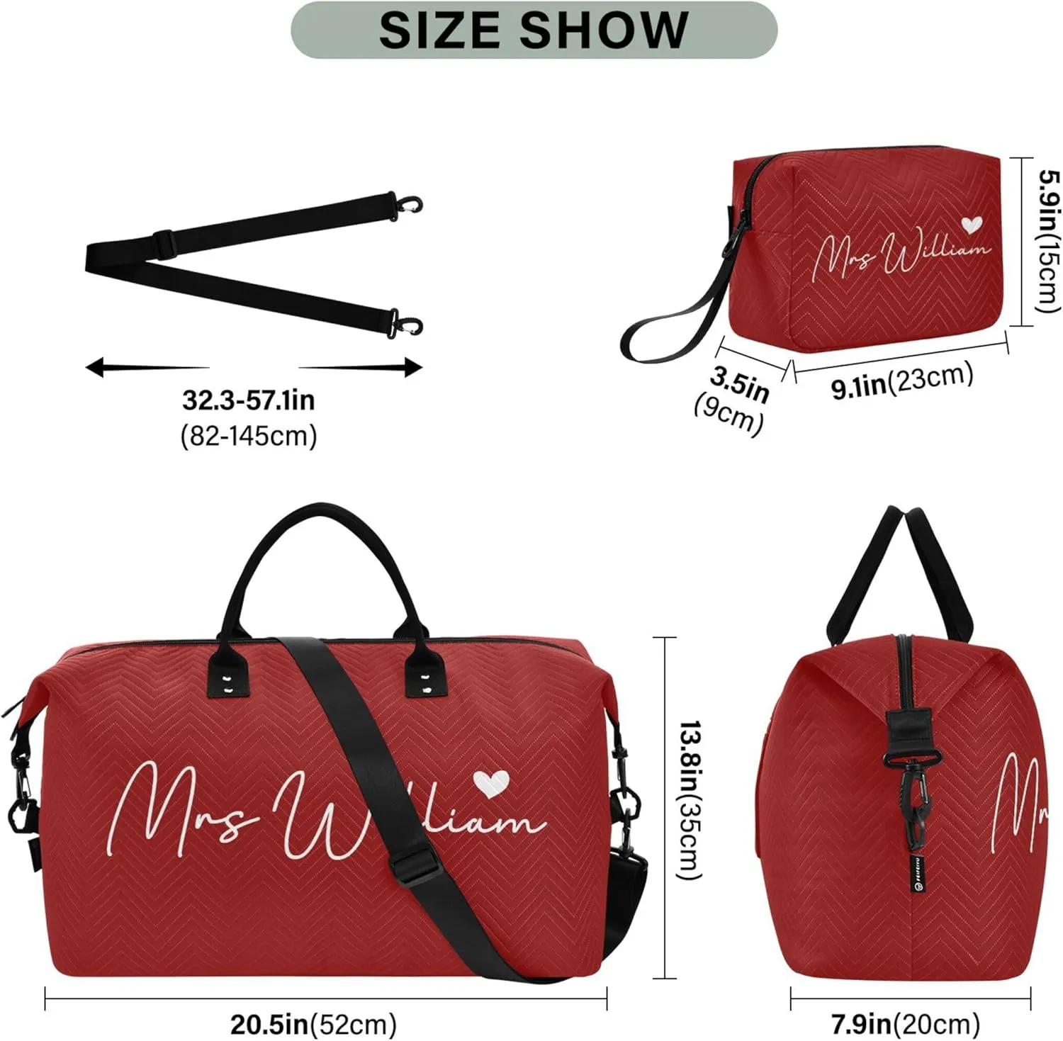 Dark Red Custom Travel Duffel Bag with Toiletry Bag Personalized Weekender Bag for Trips Sports Business Large Overnight Carry On Bag for Women & Men