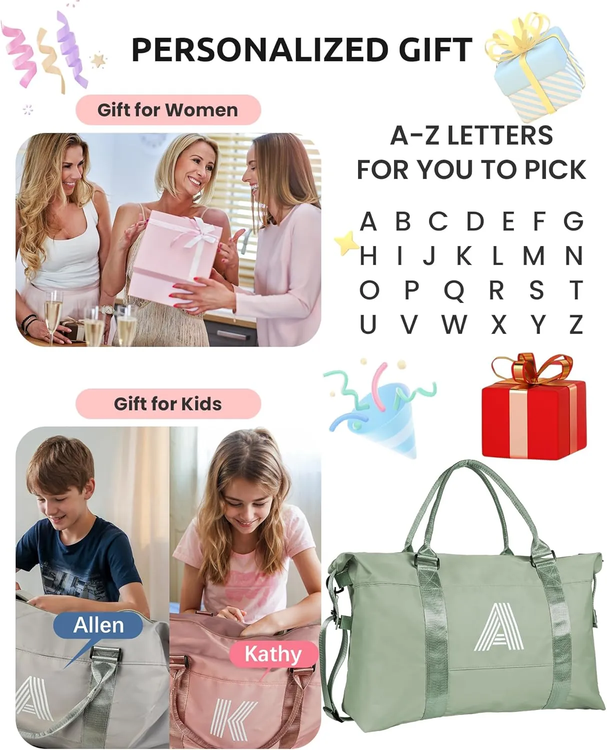 Daughter Gifts, Initial Travel Duffel Bag, Sports Bag, Personalized Weekender Bag with Shoulder Strap, Monogram Overnight Bag, Gift for Friend Sister Women gifts (Letter W)