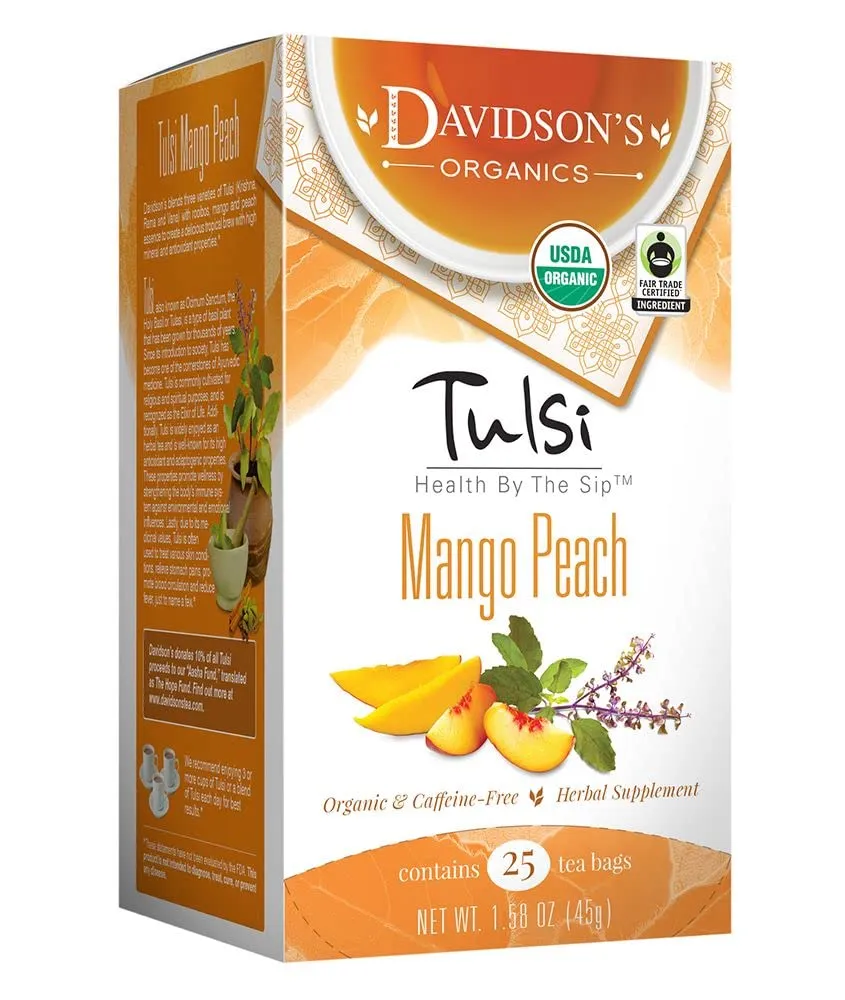 Davidson's Organics, Tulsi Mango Peach, 25-count Tea Bags, Pack of 6