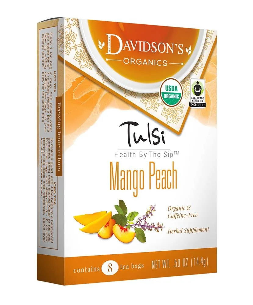 Davidson's Organics, Tulsi Mango Peach, 8-count Tea Bags, Pack of 12