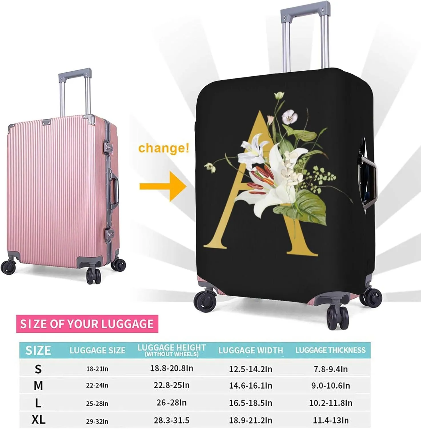 Decorative A Suitcase Protectors Elastic Washable Luggage Covers With Concealed Zippers For 18-32 Inch Luggage (Size S: Fits 18-21 Inch)