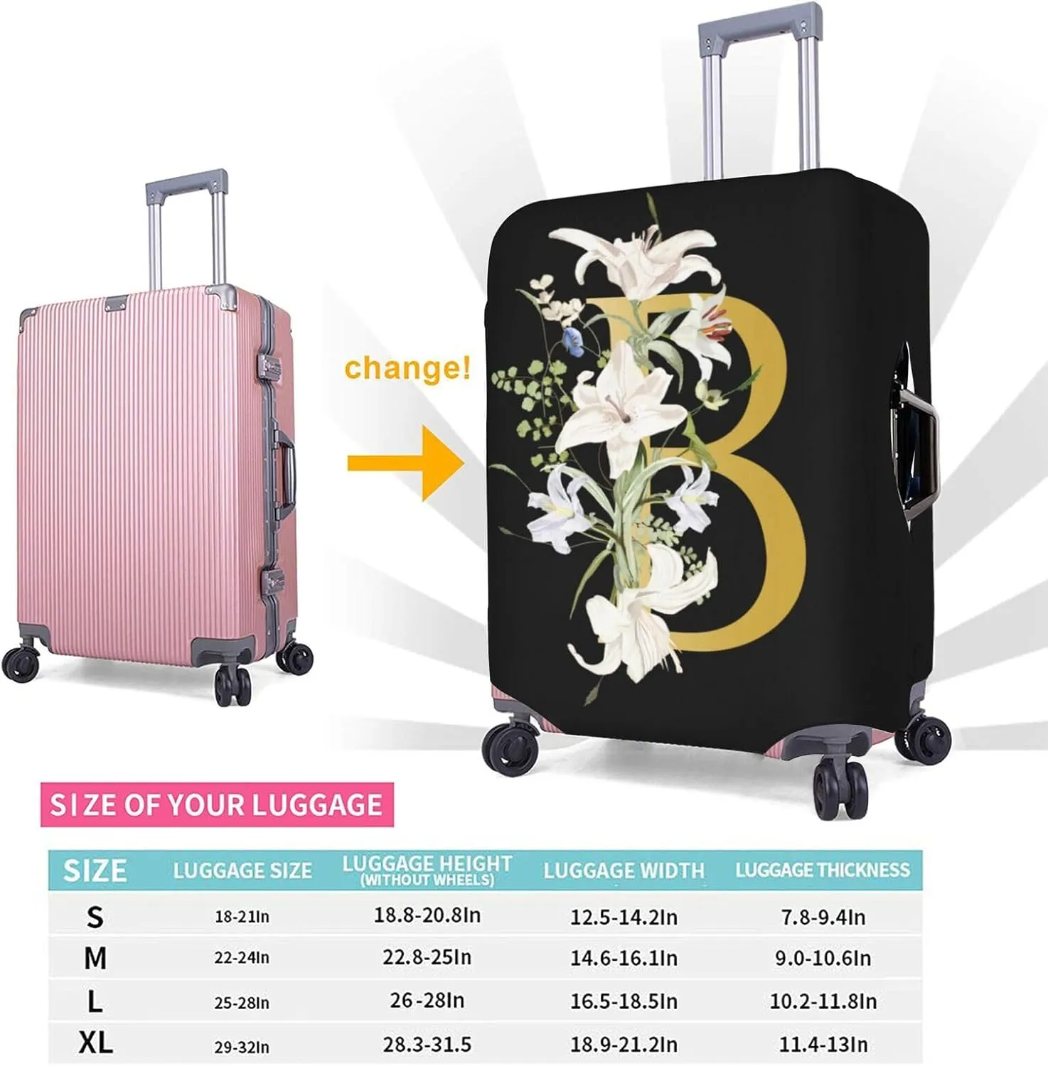 Decorative B Suitcase Protectors Elastic Washable Luggage Covers With Concealed Zippers For 18-32 Inch Luggage (Size S: Fits 18-21 Inch)