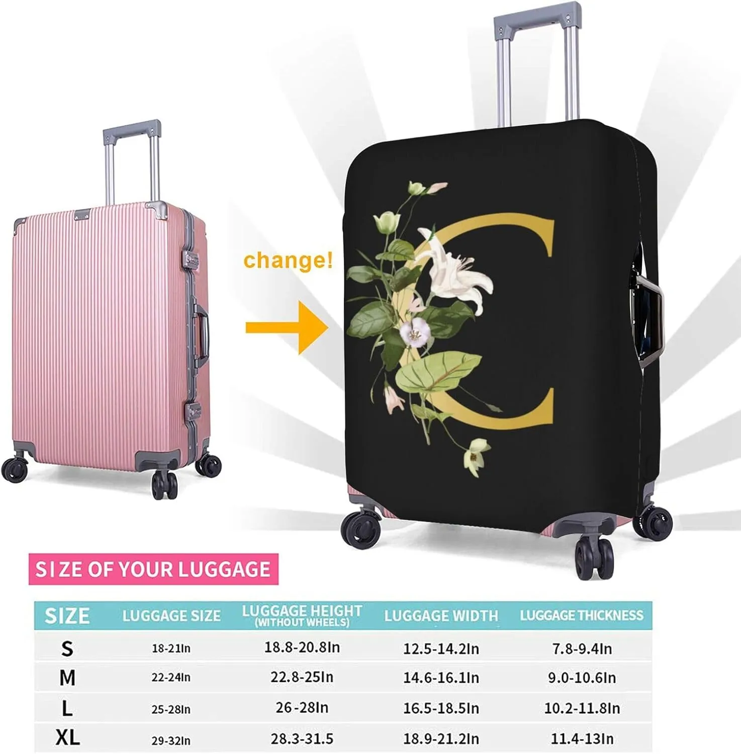 Decorative C Suitcase Protectors Elastic Washable Luggage Covers With Concealed Zippers For 18-32 Inch Luggage (Size S: Fits 18-21 Inch)