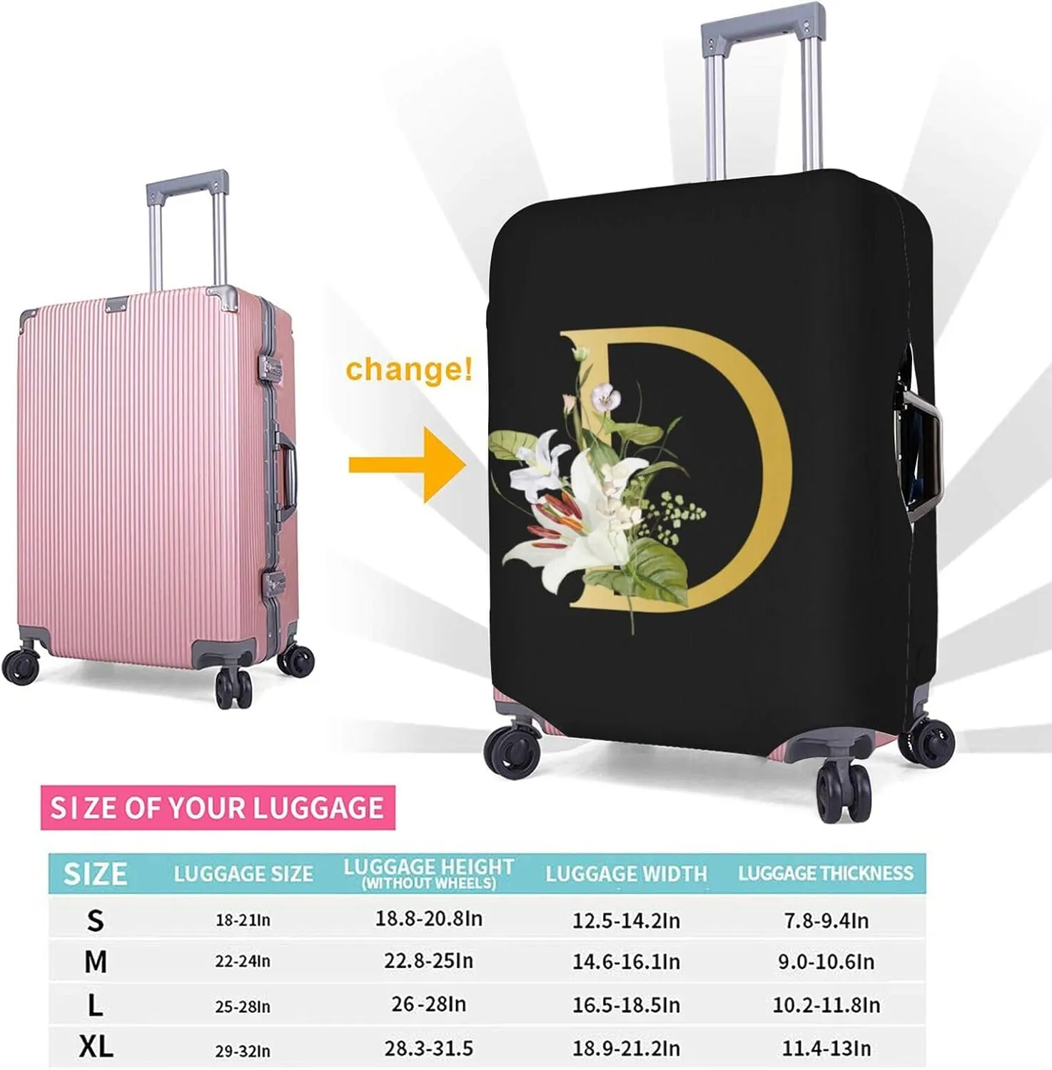 Decorative D Suitcase Protectors Elastic Washable Luggage Covers With Concealed Zippers For 18-32 Inch Luggage (Size S: Fits 18-21 Inch)