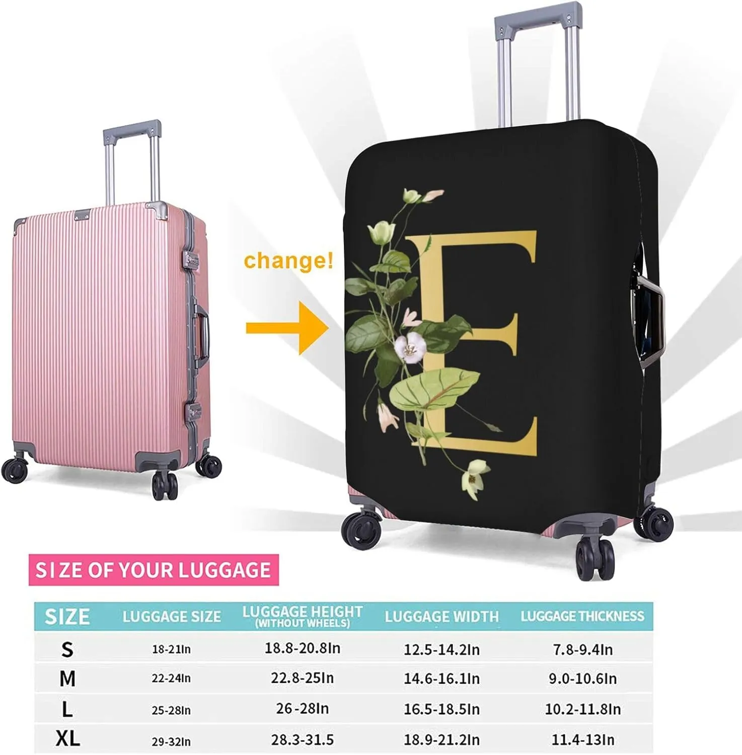 Decorative E Suitcase Protectors Elastic Washable Luggage Covers With Concealed Zippers For 18-32 Inch Luggage (Size S: Fits 18-21 Inch)