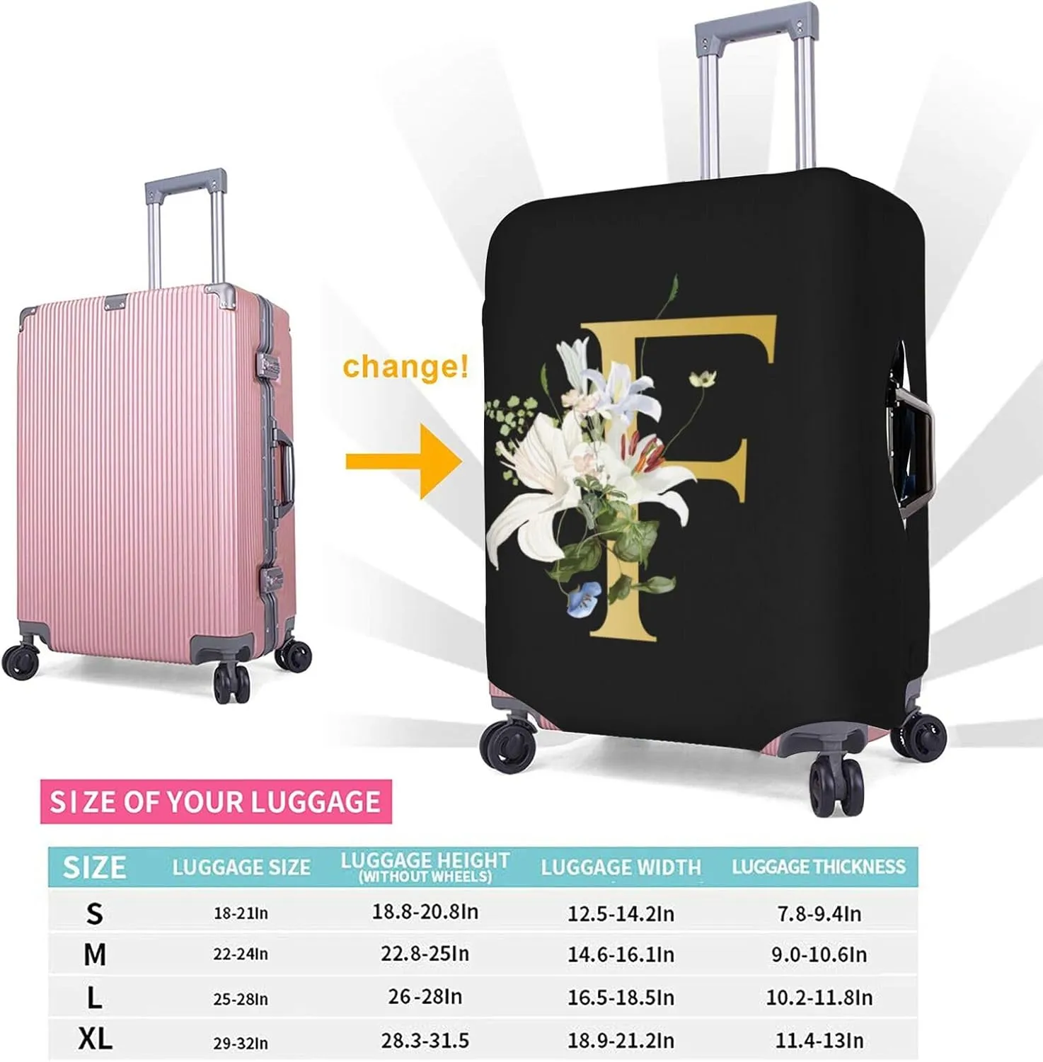 Decorative F Suitcase Protectors Elastic Washable Luggage Covers With Concealed Zippers For 18-32 Inch Luggage (Size S: Fits 18-21 Inch)