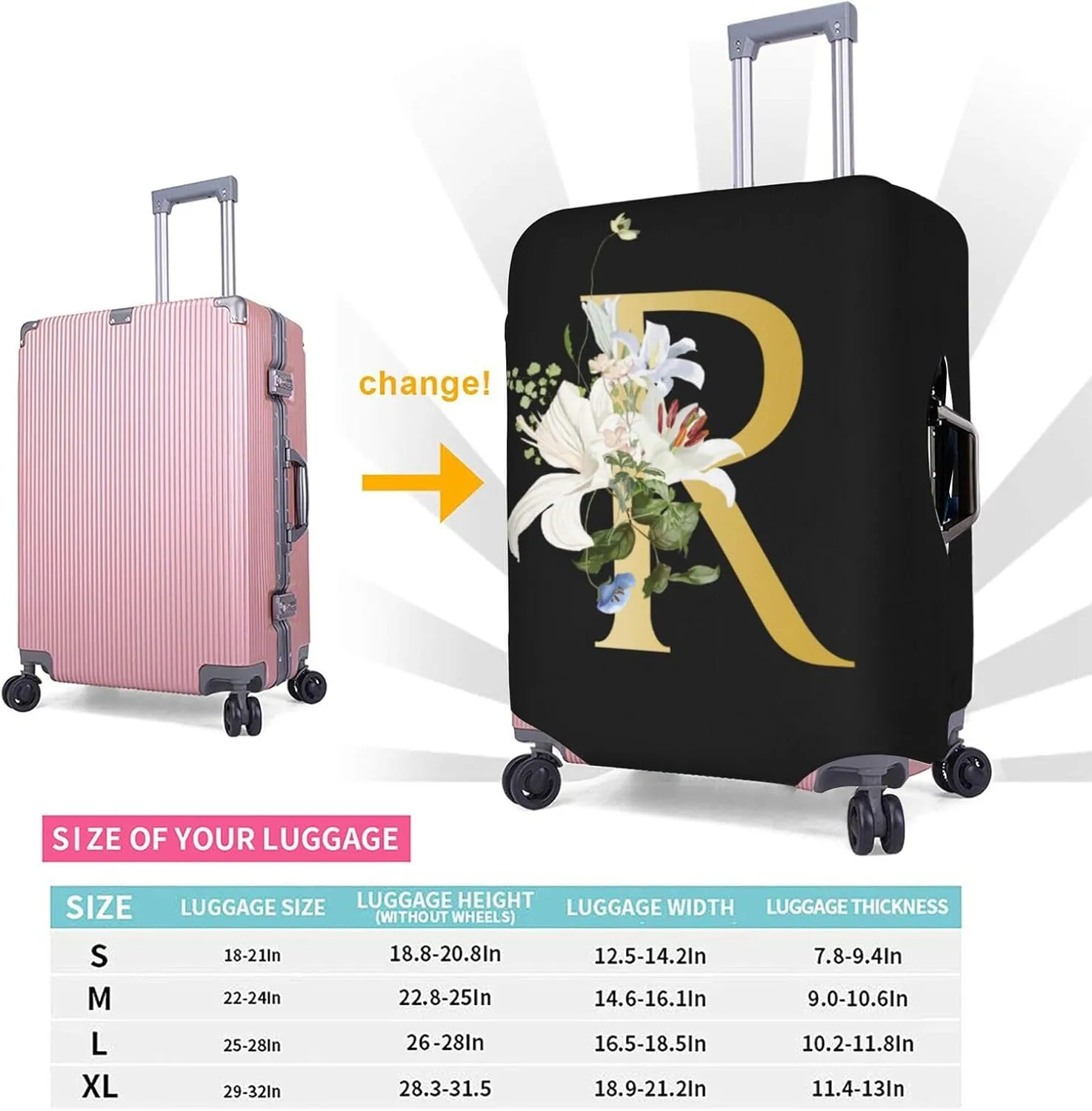 Decorative R Suitcase Protectors Elastic Washable Luggage Covers With Concealed Zippers For 18-32 Inch Luggage (Size L: Fits 25-28 Inch)