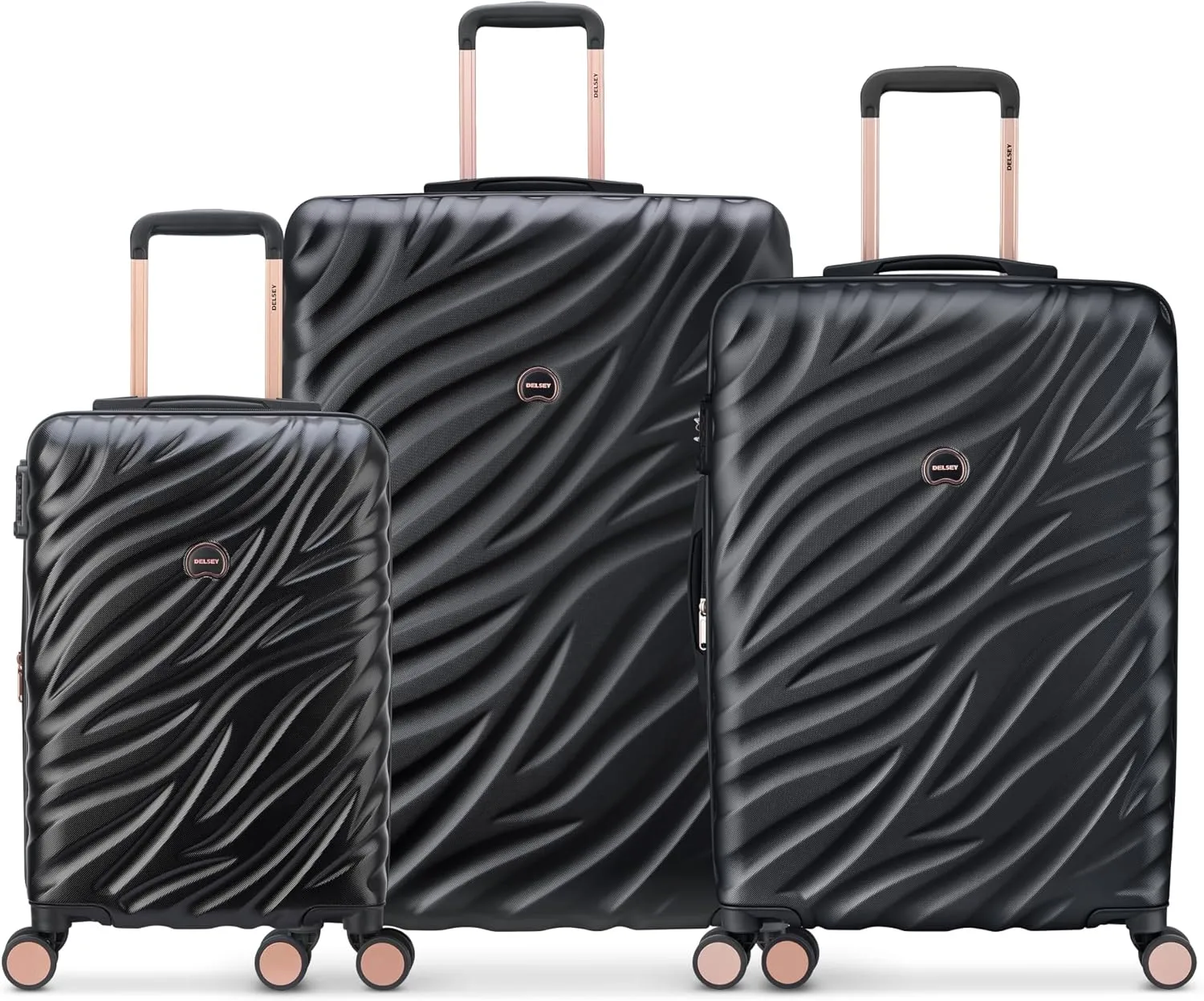 DELSEY PARIS Alexis Hardside 3-Piece Luggage Set, Expandable With 4 Spinner Wheels, Lightweight Suitcase, 21" Carry-On, 25" Checked Medium, 29" Checked Large, Black/Rose Gold