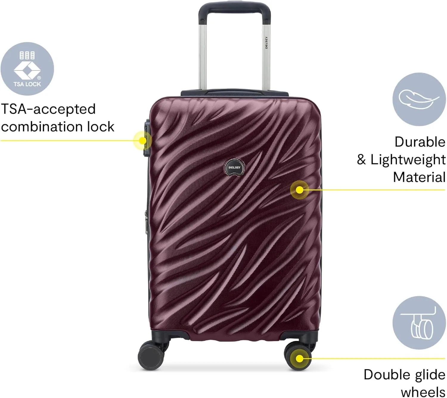 DELSEY PARIS Alexis Hardside 3-Piece Set, Expandable Luggage with 4 Spinner Wheels, Lightweight Suitcase, 21" Carry-On, 25" Checked Medium, 29" Checked Large, Burgundy