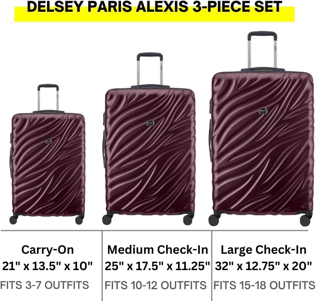 DELSEY PARIS Alexis Hardside 3-Piece Set, Expandable Luggage with 4 Spinner Wheels, Lightweight Suitcase, 21" Carry-On, 25" Checked Medium, 29" Checked Large, Burgundy