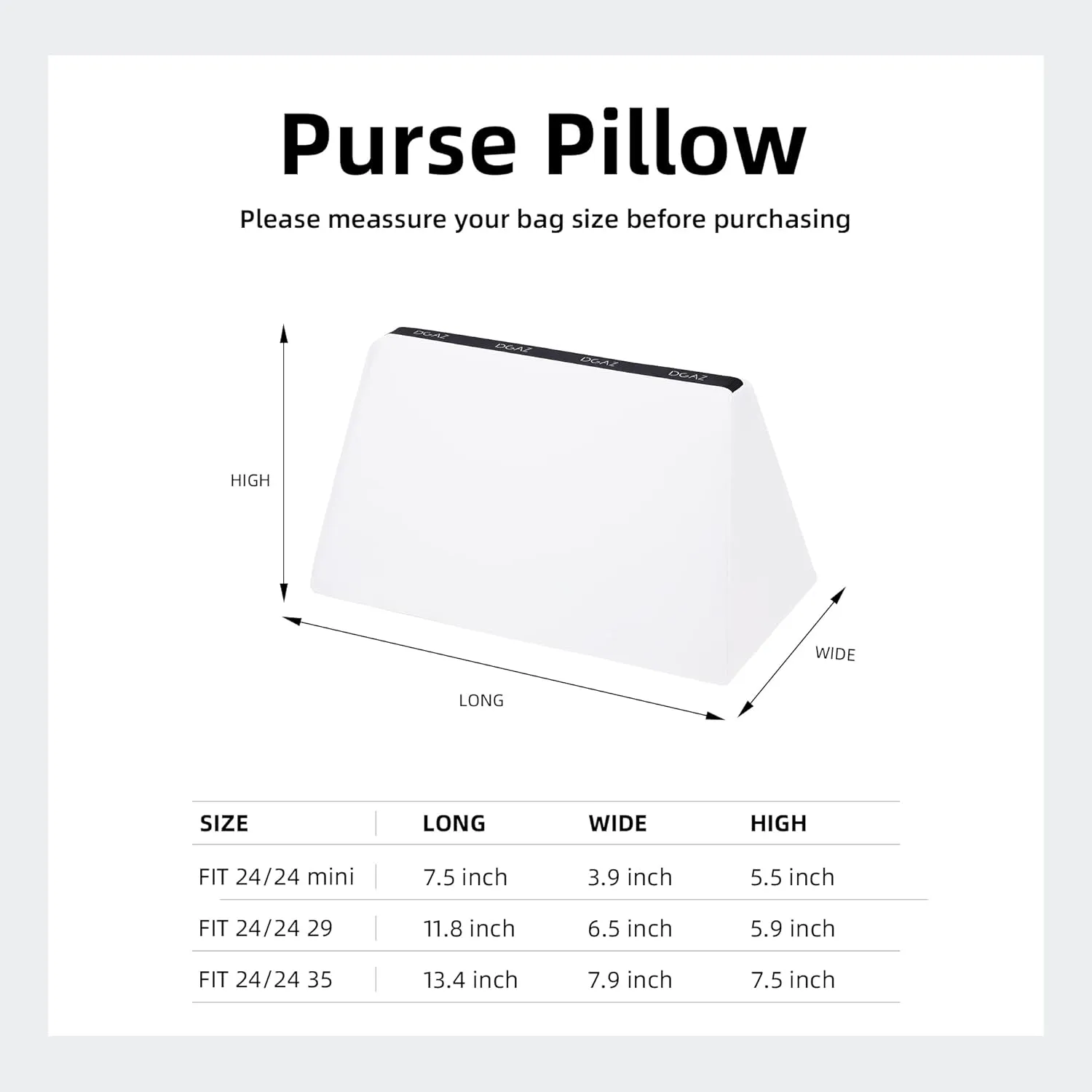 DGAZ Bag Pillow Shaper Insert for Luxury Handbags, Silky Pillow Shaper for Hermes 24/24-29 Bags（White）
