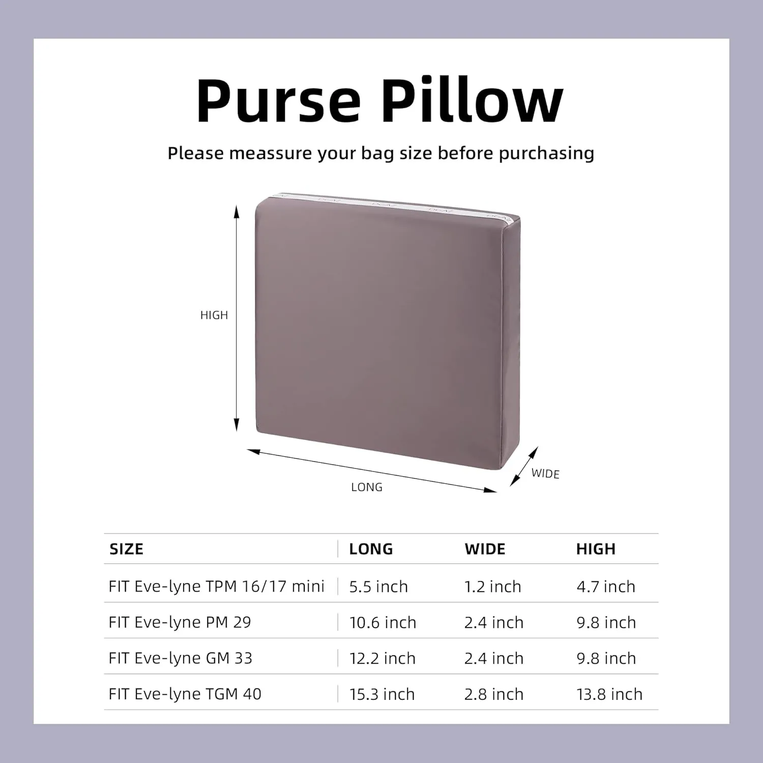 DGAZ Bag Pillow Shaper Insert for Luxury Handbags, Silky Pillow Shaper for Hermes Evelyne mini/29/33/40 Bags（E29,Konjac purple）