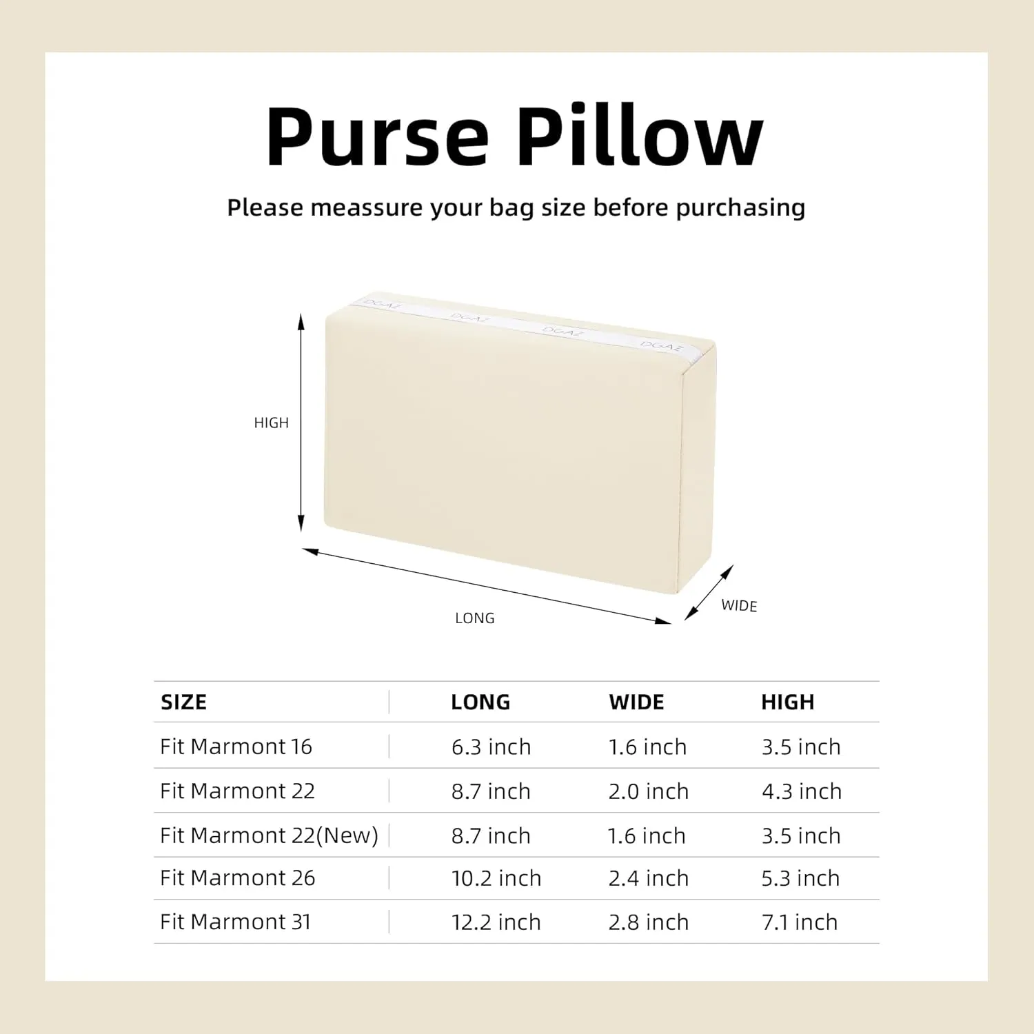 DGAZ Purse Pillow Shaper Insert for Gucci Marmont Bag, Silky Pillow Shaper for Luxury Handbags(Nata,Marmont26)