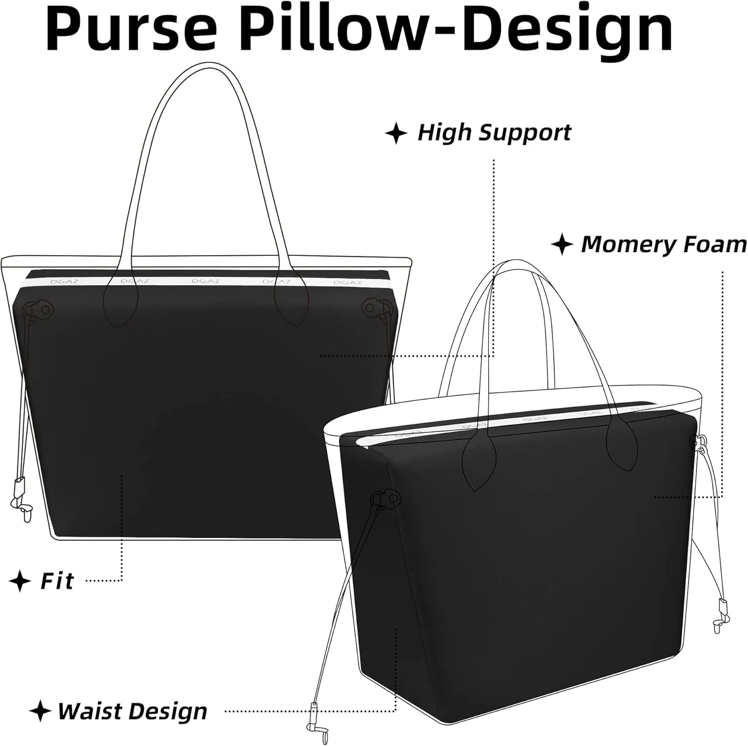 DGAZ Purse Pillow Shaper Insert for Neverfullbag, Silky Pillow Shaper for Luxury Handbags(Black,MM)