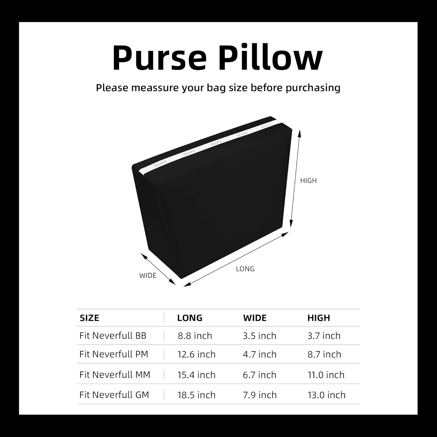 DGAZ Purse Pillow Shaper Insert for Neverfullbag, Silky Pillow Shaper for Luxury Handbags(Black,MM)