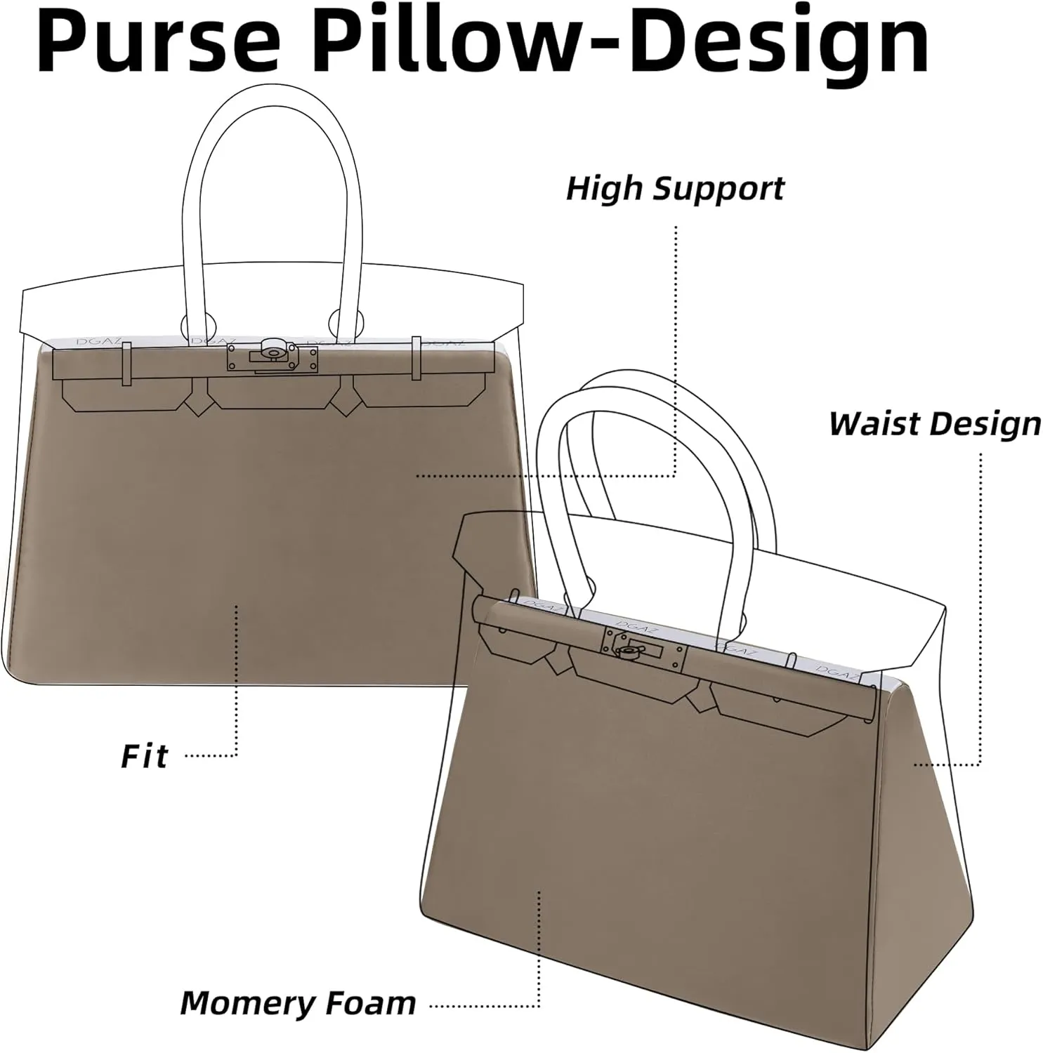 DGAZ Purse Pillow Shaper Insert,Luxury Handbag Tote Shapers, Memory Foam- Fits Birkin 20/25/30/35/40/45/50 Bag(Etoupe Grey,BK25 Retourne)