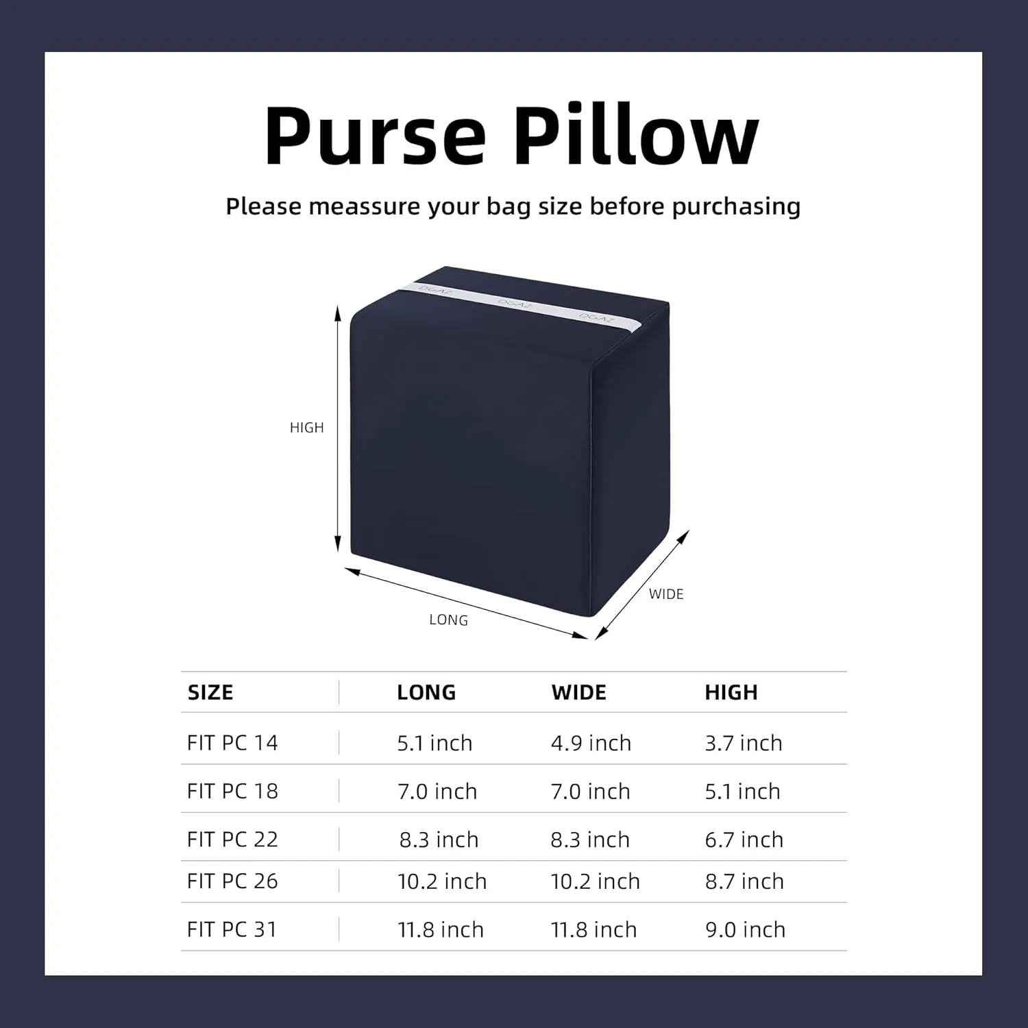 DGAZ Purse Pillow Shaper Insert,Luxury Handbag Tote Shapers, Memory Foam- Fits picotin14/18/22/26/31Bags(Blue nuit,PC22)