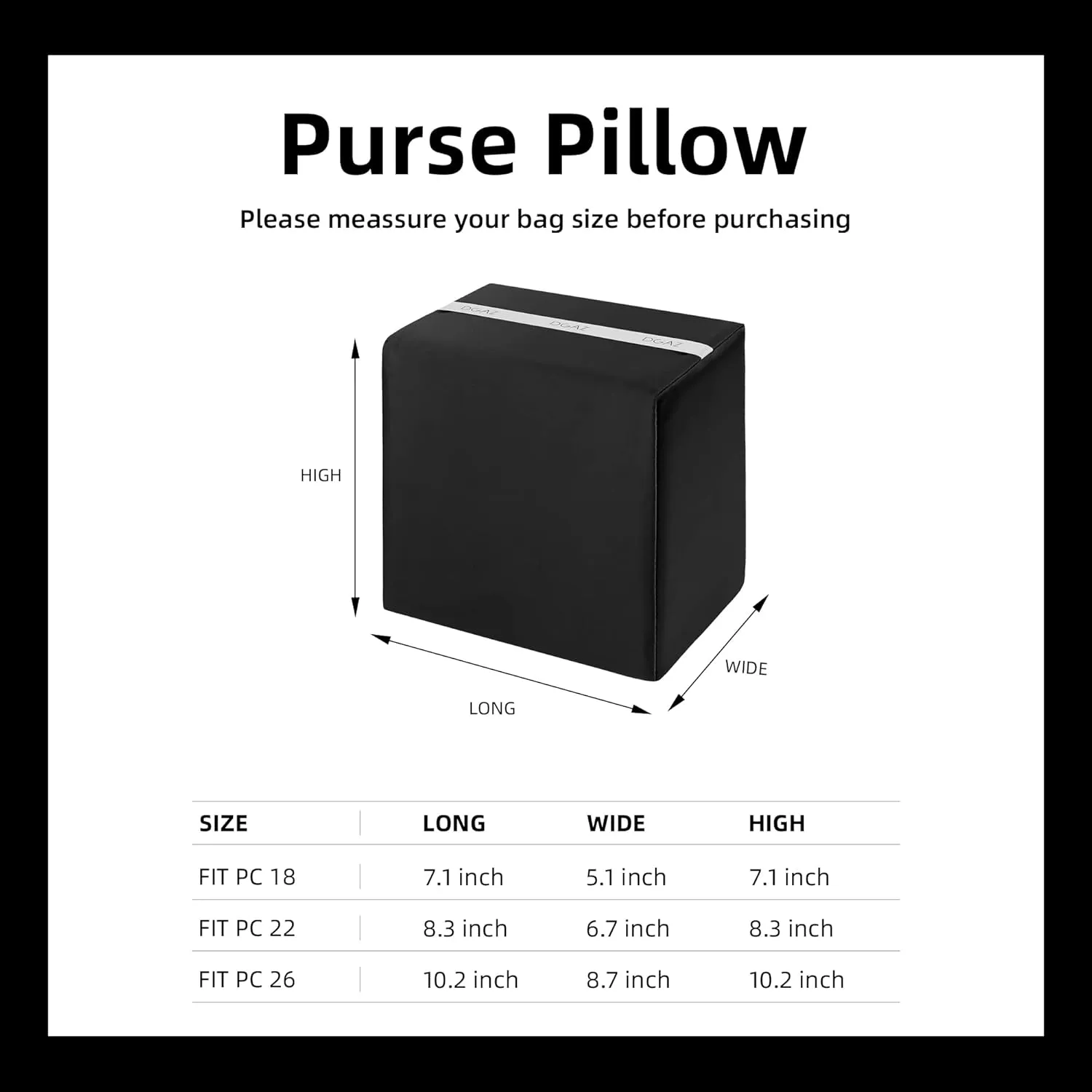 DGAZ Purse Pillow Shaper Insert,Luxury Handbag Tote Shapers, Memory Foam- Fits picotin18/22Bags (Black,PC22)