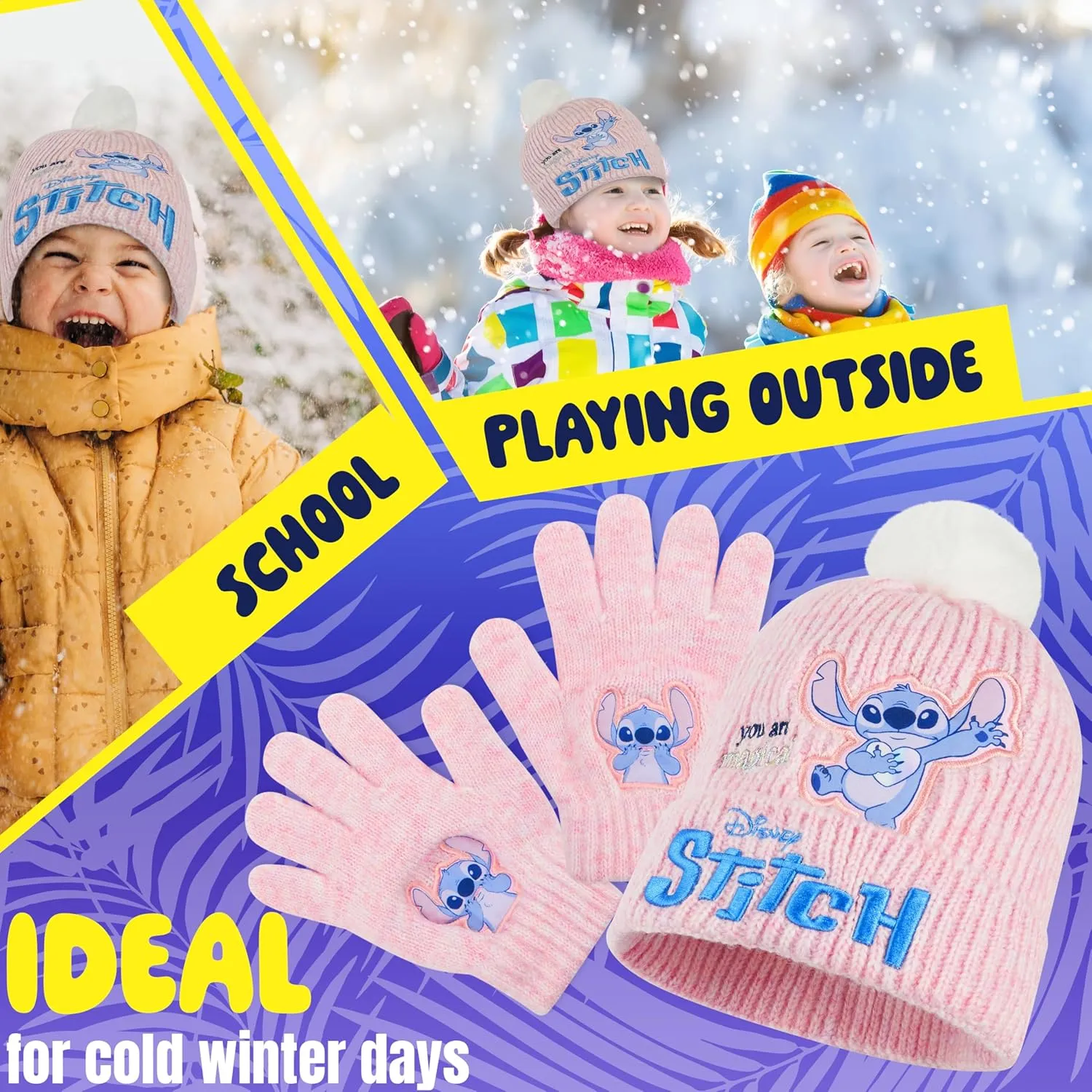 Disney Stitch Beanie Hat and Gloves Set for Girls & Teenagers, 2 Piece Set for Outdoor or Travel, Kids Winter Accessories
