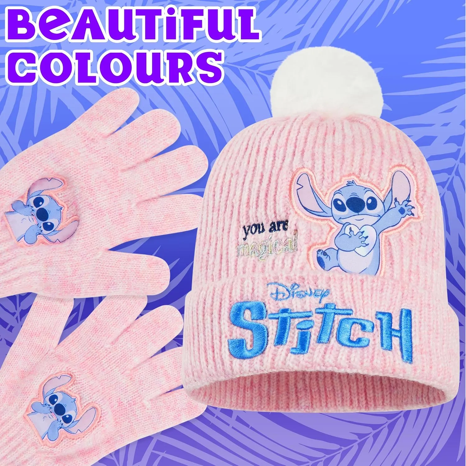 Disney Stitch Beanie Hat and Gloves Set for Girls & Teenagers, 2 Piece Set for Outdoor or Travel, Kids Winter Accessories