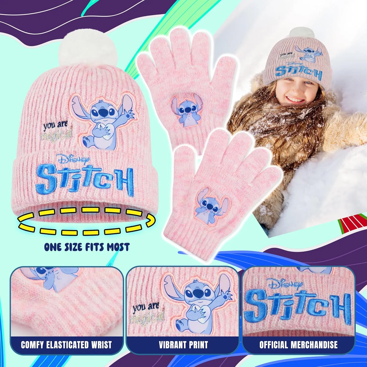 Disney Stitch Beanie Hat and Gloves Set for Girls & Teenagers, 2 Piece Set for Outdoor or Travel, Kids Winter Accessories