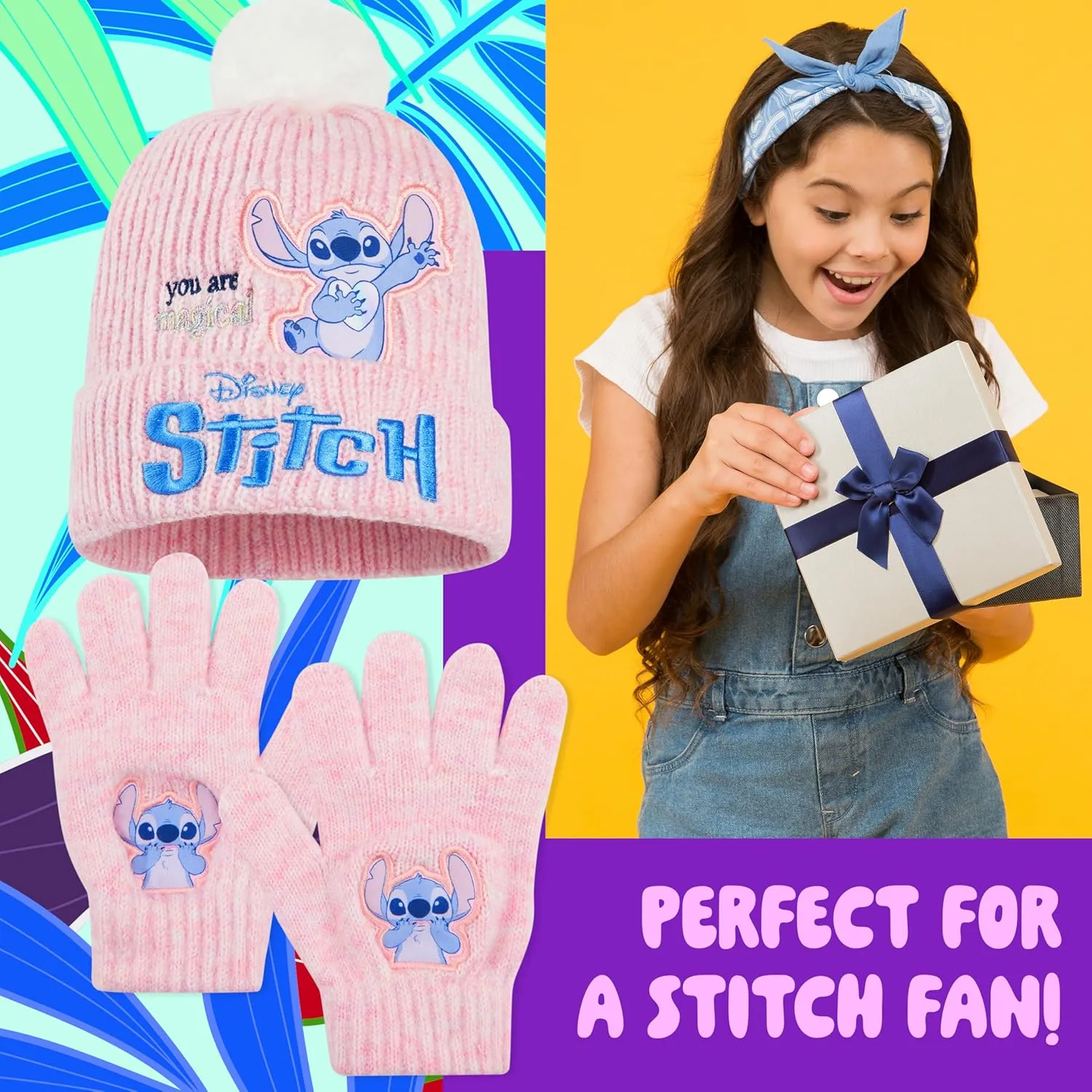 Disney Stitch Beanie Hat and Gloves Set for Girls & Teenagers, 2 Piece Set for Outdoor or Travel, Kids Winter Accessories
