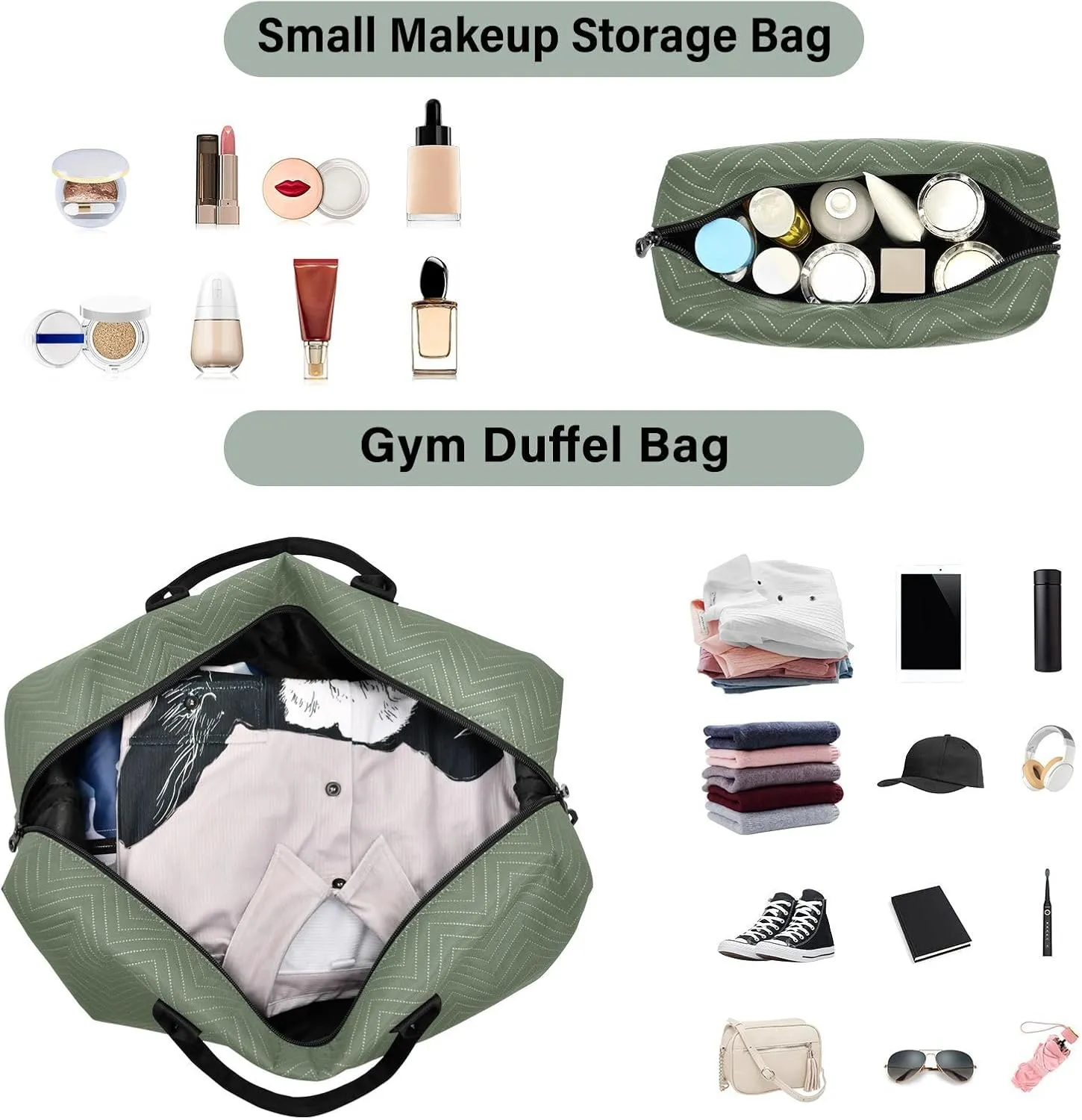 DOMIKING Earthy Green Personalized Duffel Bag Foldable Weekender Bag Overnight Bags for Women Men Custom Sport Gym Bag with Toiletry Bag for Weekend Business Trip, 2 Pcs