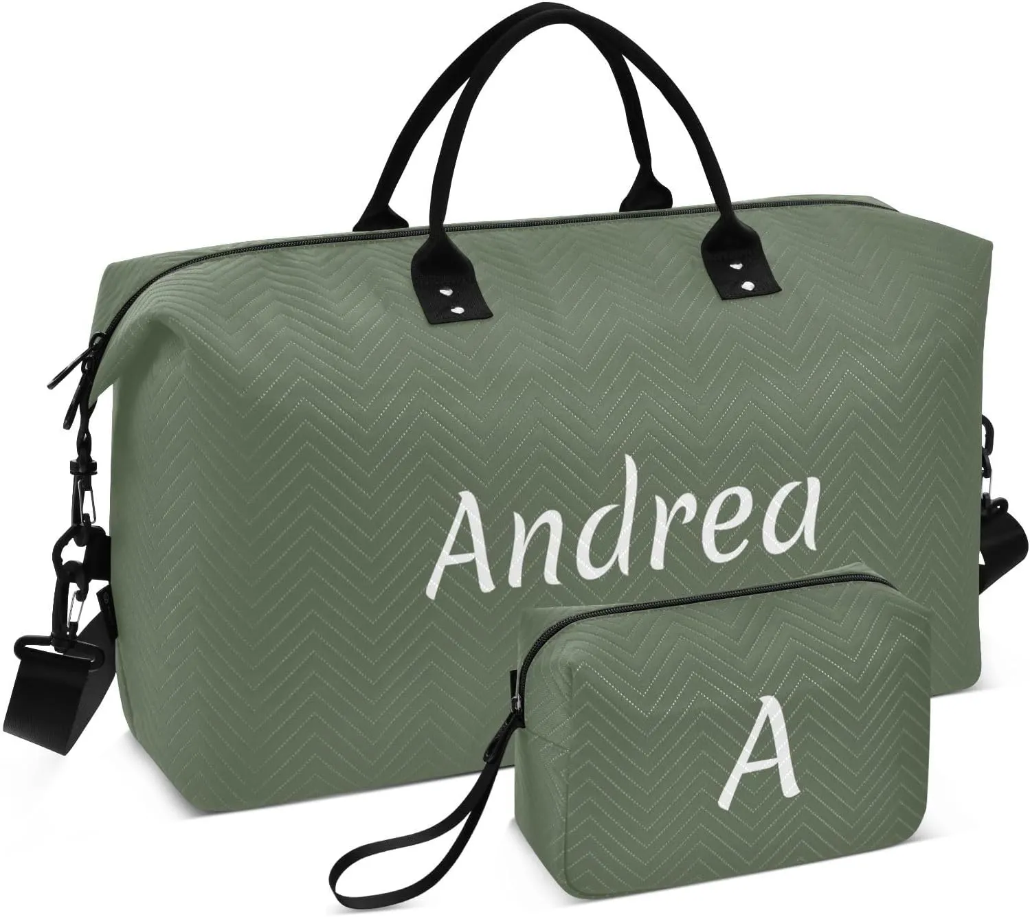 DOMIKING Earthy Green Personalized Duffel Bag Foldable Weekender Bag Overnight Bags for Women Men Custom Sport Gym Bag with Toiletry Bag for Weekend Business Trip, 2 Pcs